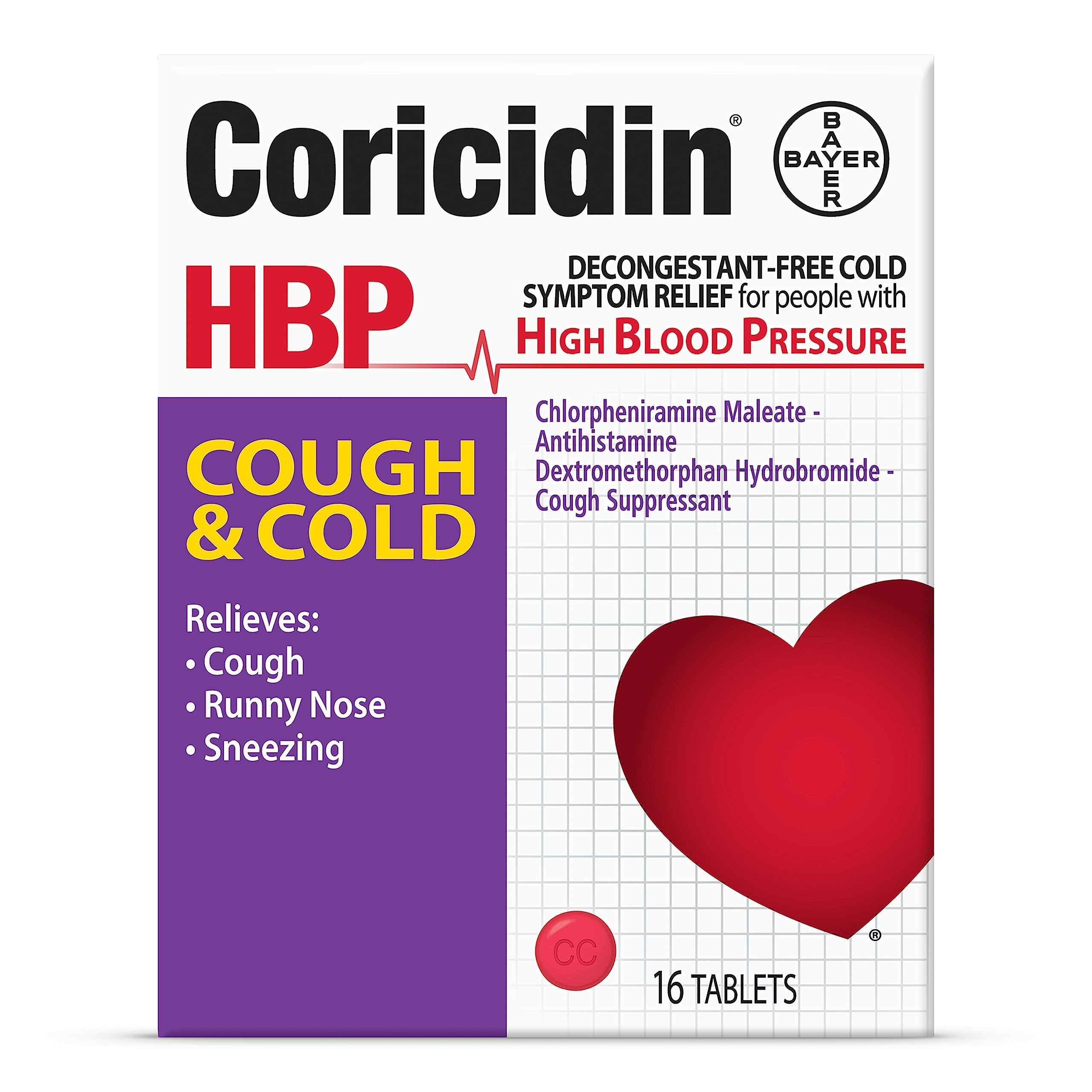 Coricidin HBP Decongestant-Free Cough and Cold Medicine - Specially Designed Relief for High Blood Pressure, Cough, Runny Nose, 