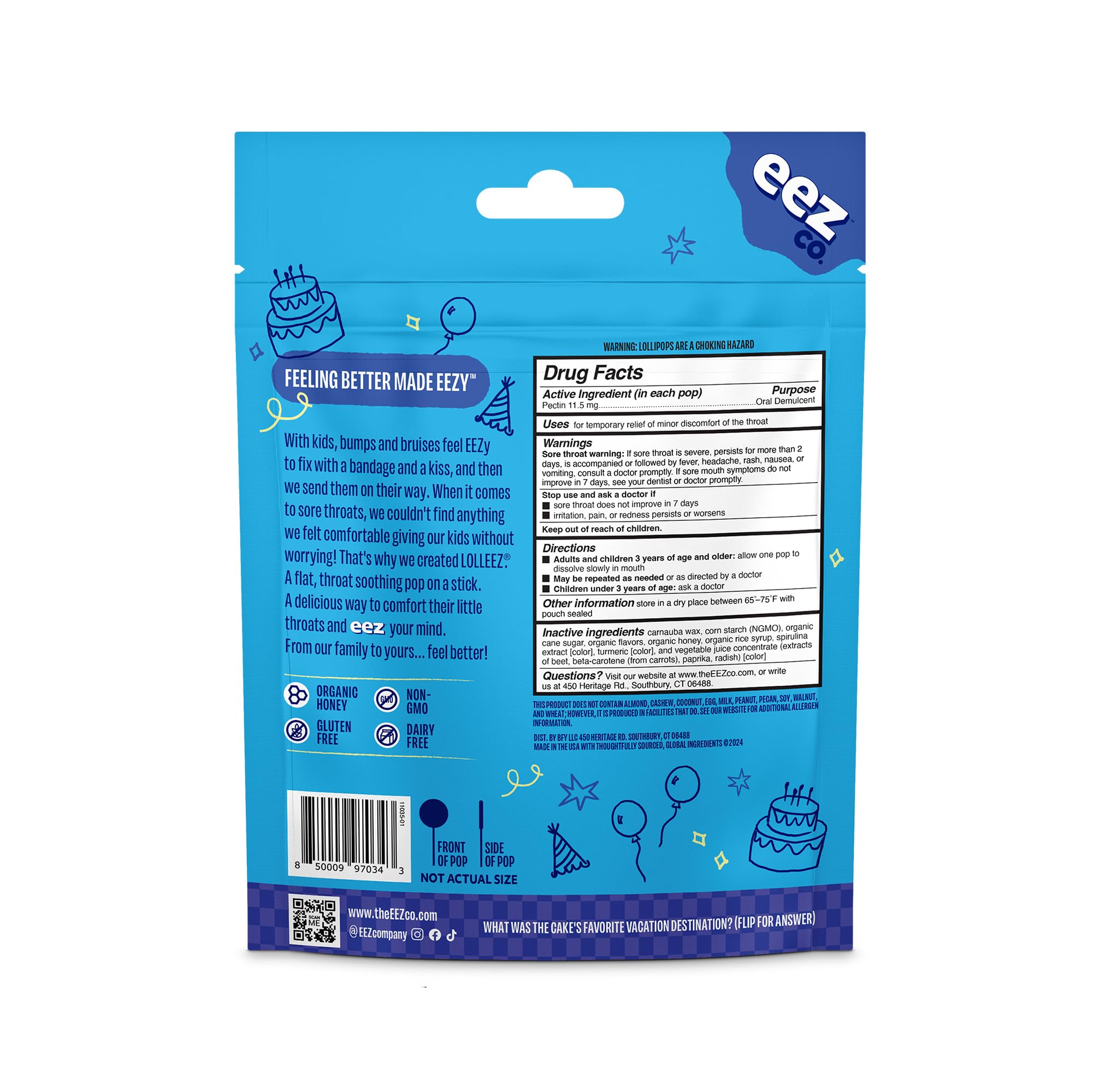 Lolleez Lollipops for Kids Sore Throat Relief, Birthday Cake Perfect for Soothing A Sore Throat While Tasting Great, Birthday Ca