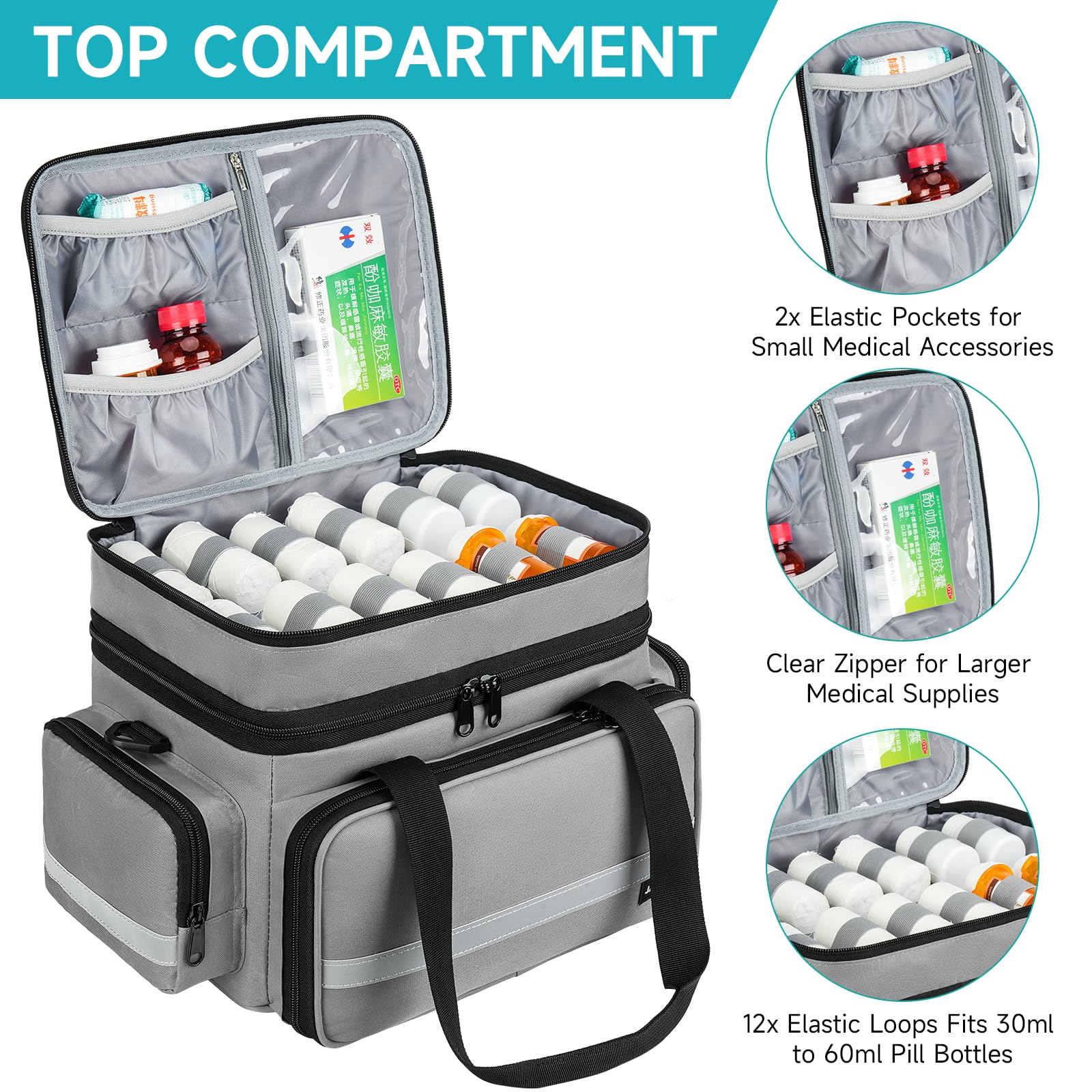 Large Pill Bottle Organizer, Double Layers Medicine Storage Bag with Lockable Zippers and Shoulder Strap,Medication Travel Bag f