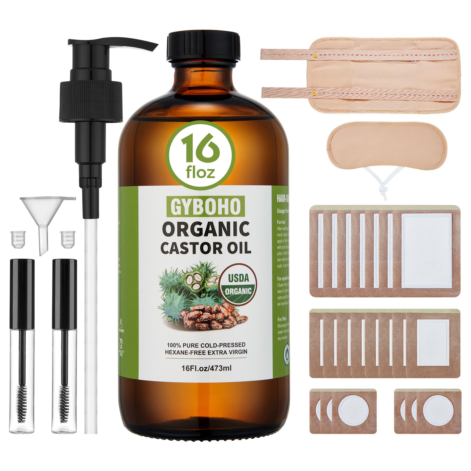 GYBOHO Castor Oil Pack Wrap Reusable & 16fl.oz Castor oil Organic Cold-Pressed Unrefined, with Disposable Castor oil Patches, fo