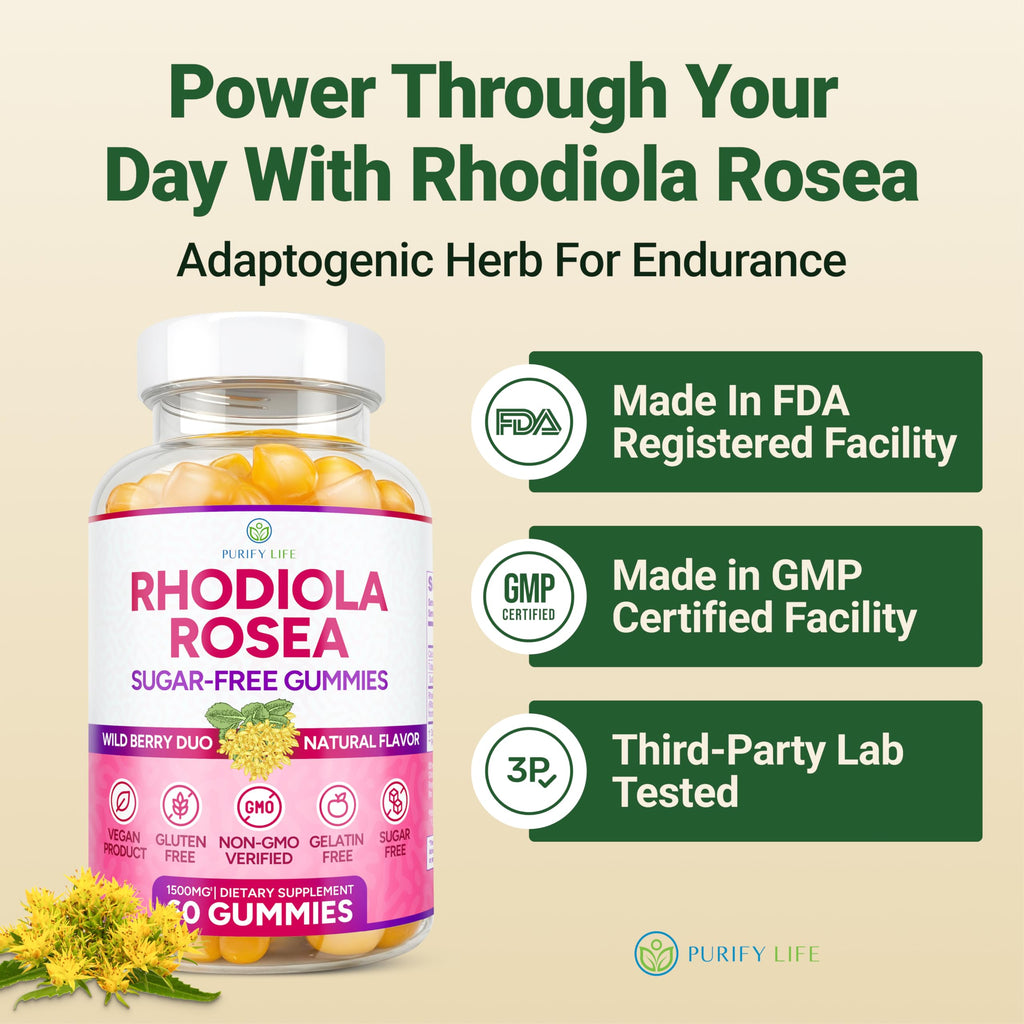 Sugar-Free Rhodiola Rosea Gummies (1500mg/Serving) Adaptogenic Rhodiola Rosea Supplement & Cortisol Blocker for Performance, Sta