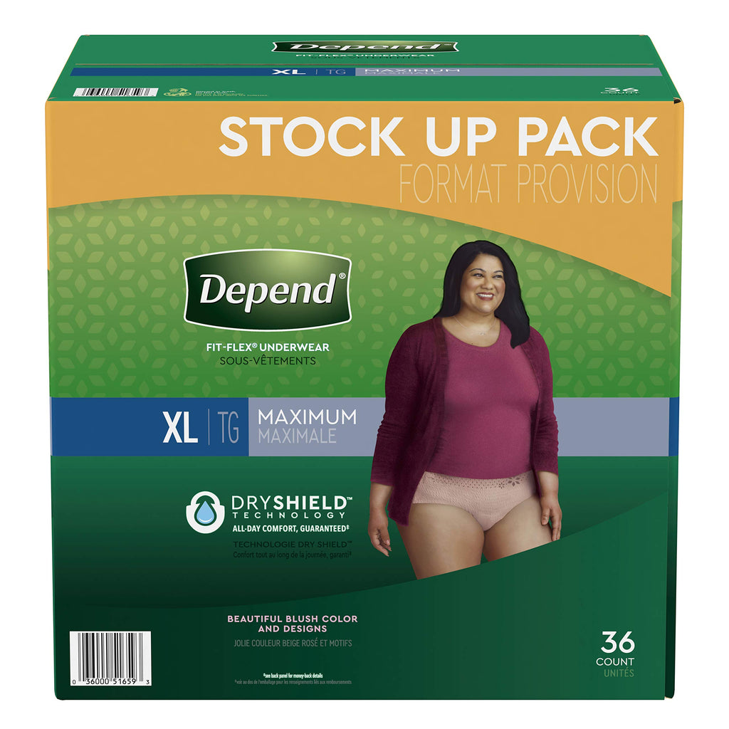 Depend FIT-Flex Incontinence Underwear for Women, Disposable, Maximum Absorbency, Extra-Large, Blush, 36 Count
