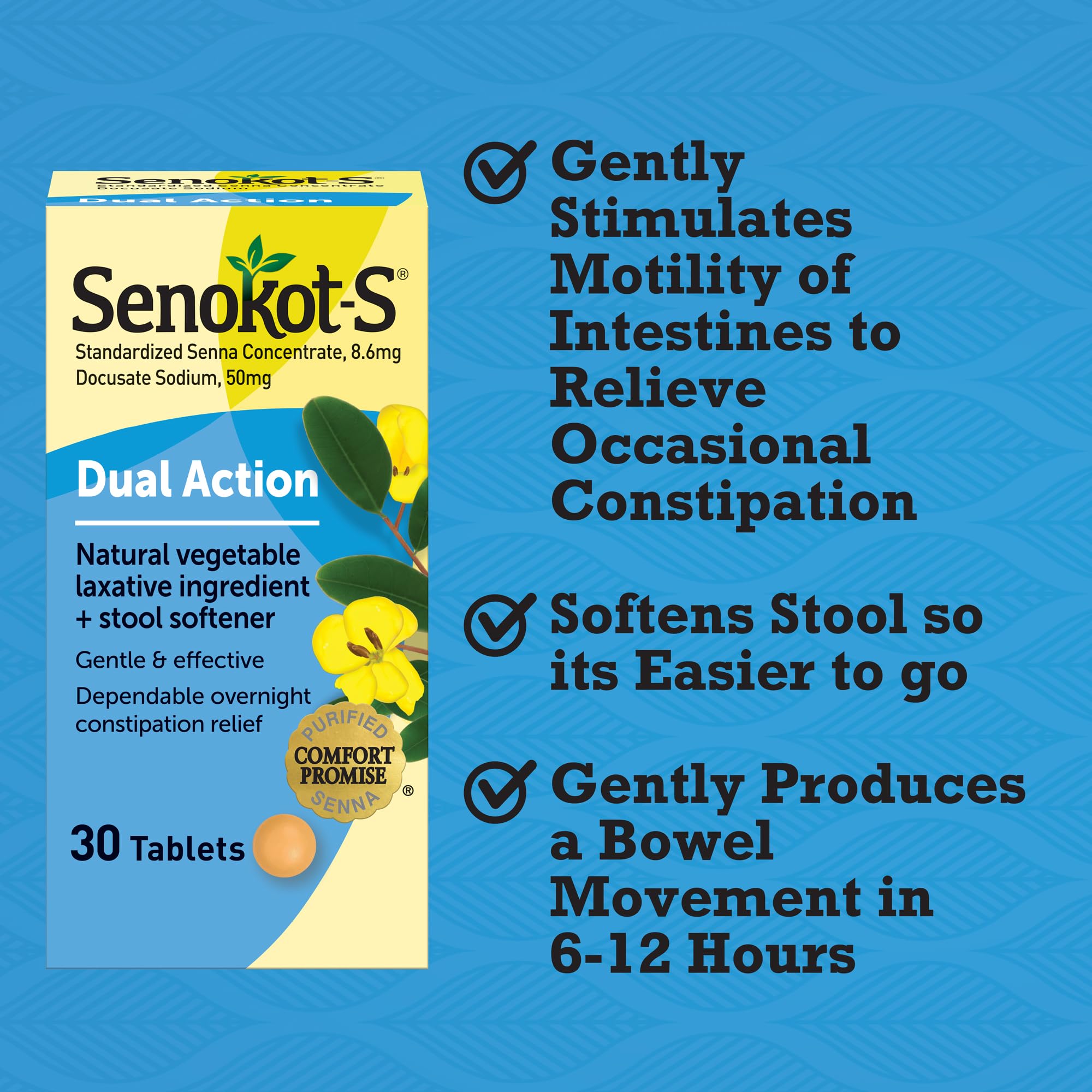 Senokot S Dual Action Natural Vegetable Laxative Ingredient Plus Stool Softener Tablets, Gentle Dependable Overnight Relief of O
