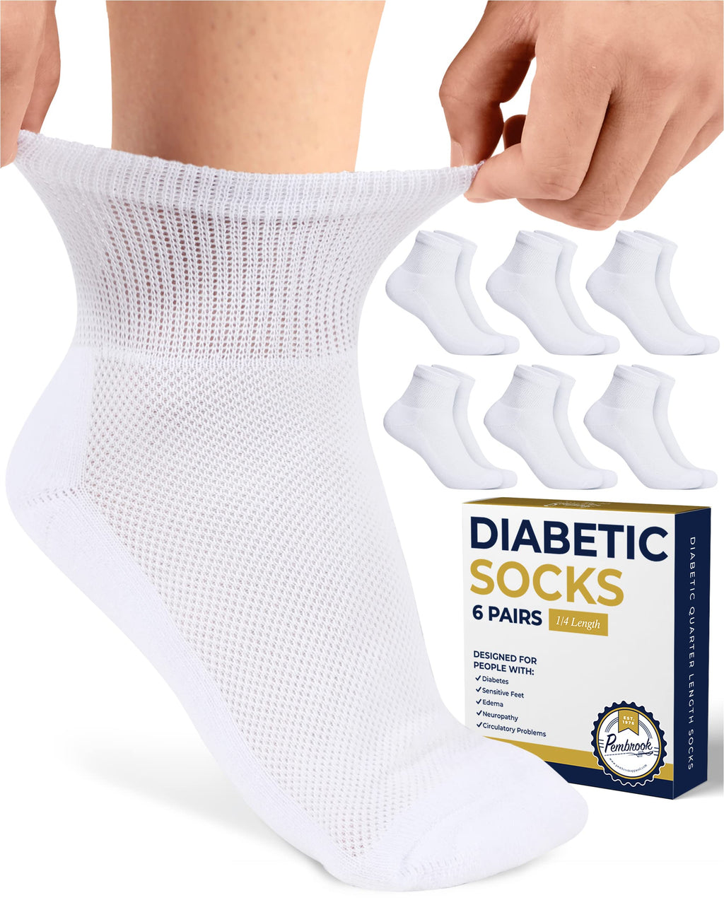 Pembrook White Diabetic Socks for Men & Women | 6 Pairs | Wide Stretch Top Mens Diabetic Socks | Diabetic Socks for Men 9-12 | A