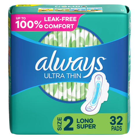 Always Ultra Thin Size 2 Super Pads With Wings Unscented, 32 Count, Multi