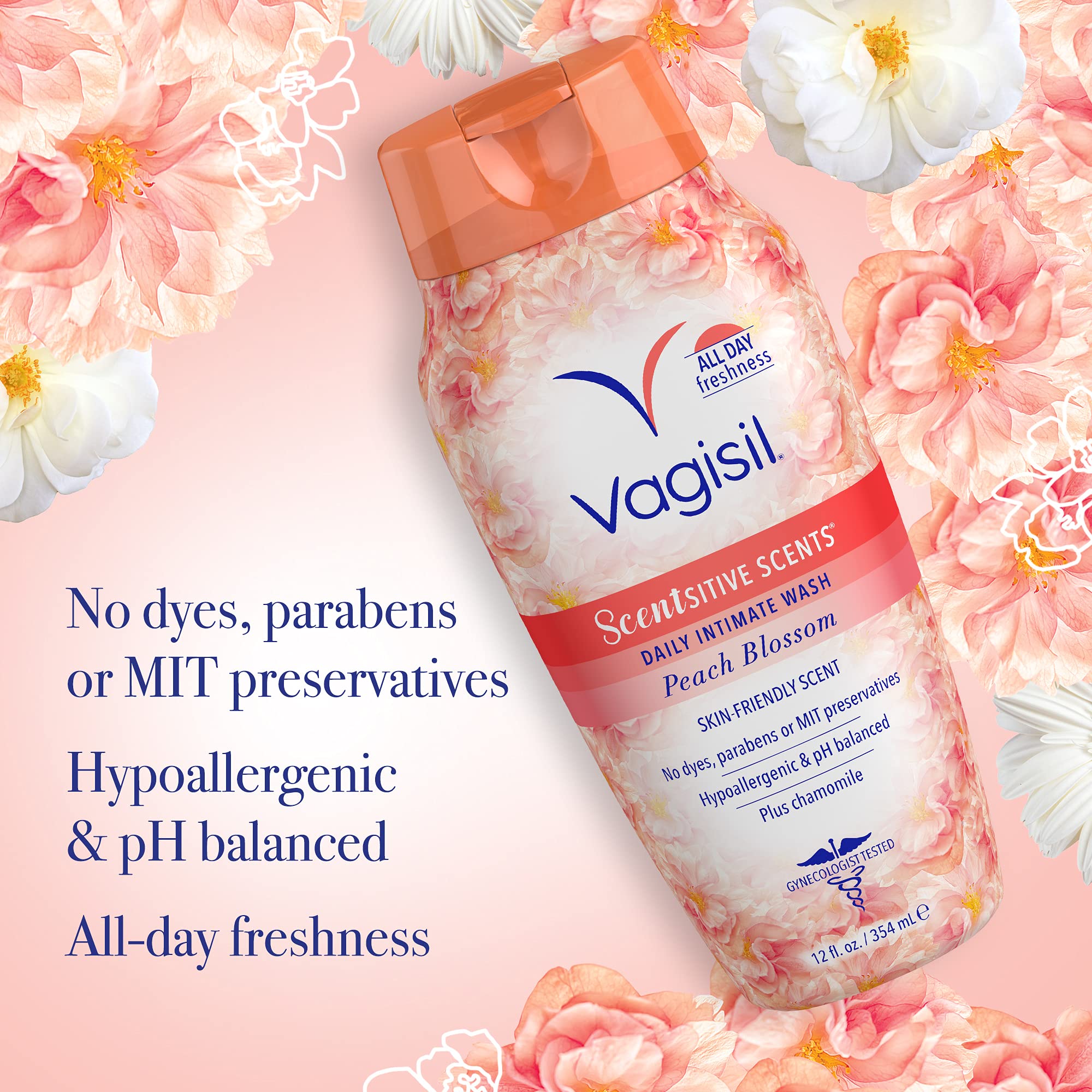 Vagisil Feminine Wash for Intimate Area Hygiene, Scentsitive Scents, pH Balanced and Gynecologist Tested, Peach Blossom, 12 oz (