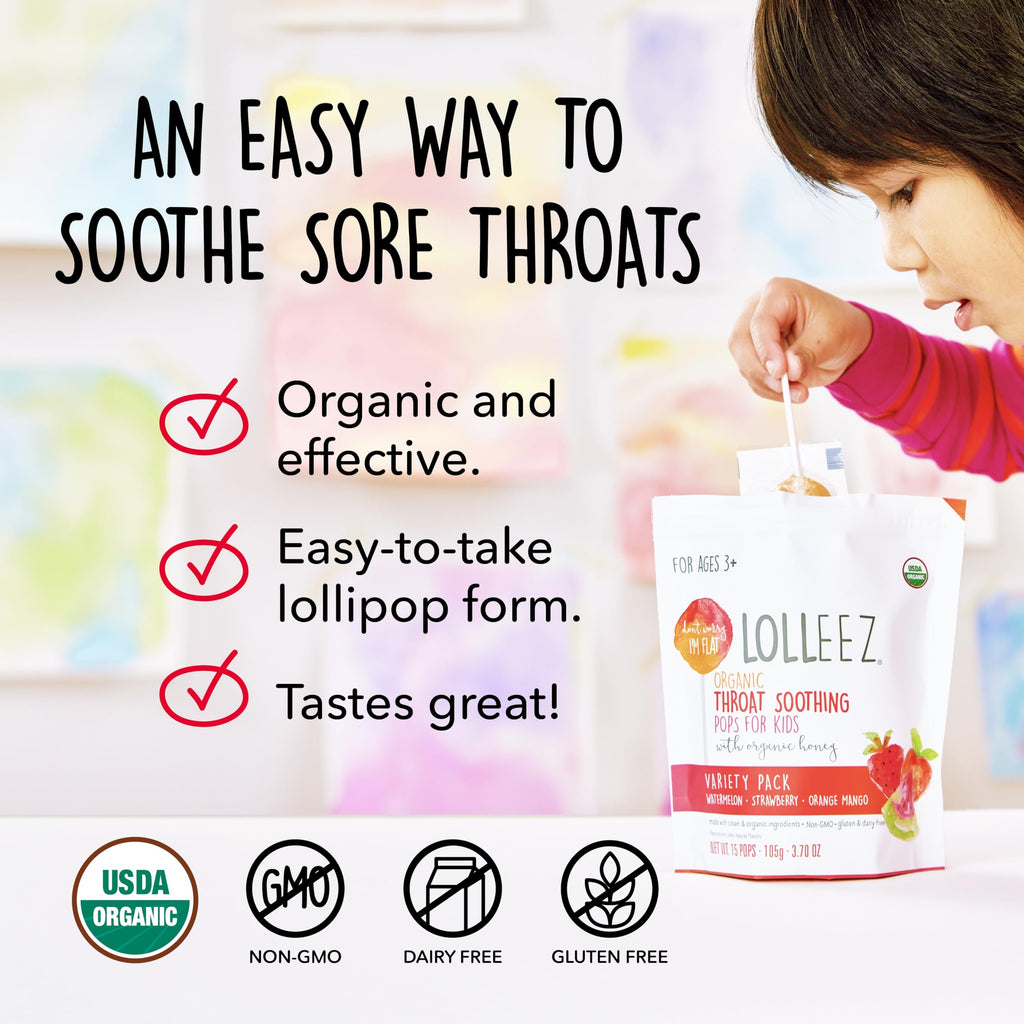 Lolleez Organic Lollipops Variety Pack for Sore Throat Relief - Strawberry, Watermelon & Orange Mango, 30 Total
