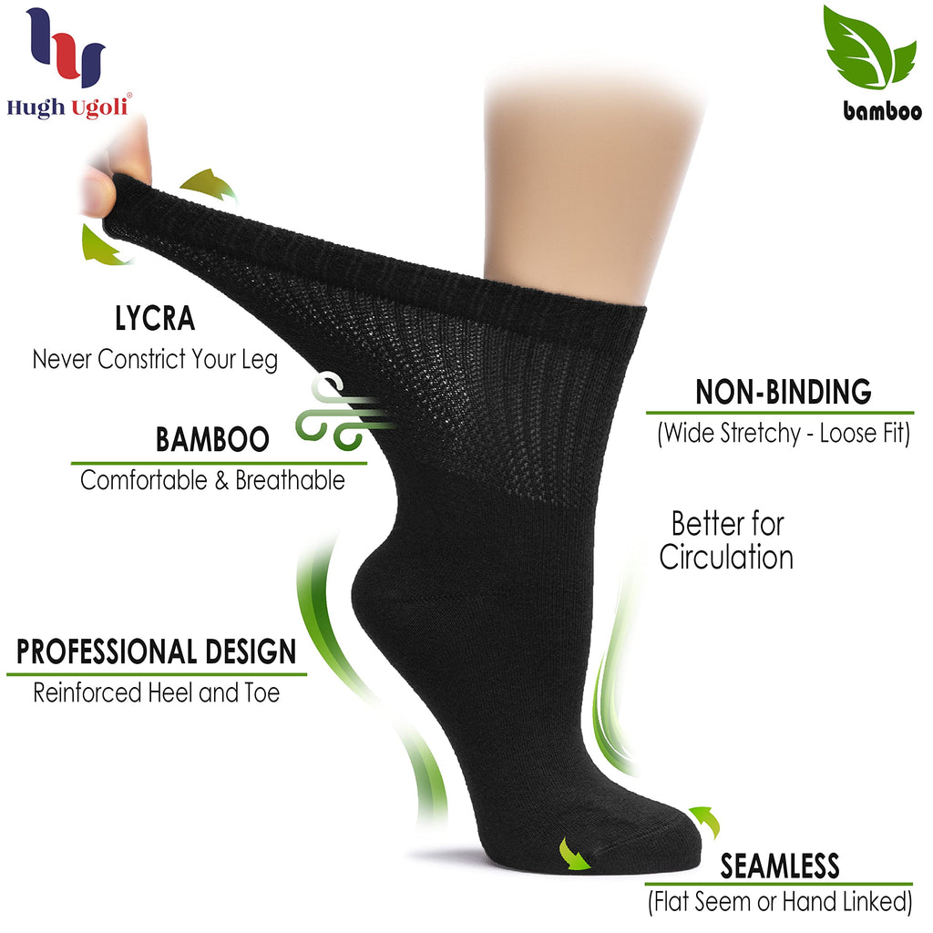 Hugh Ugoli Women's Bamboo Diabetic Crew Socks, Thin, Loose Fit, Soft, Wide Stretchy, Seamless Toe, 4 Pairs, Burgundy, Shoe Size: