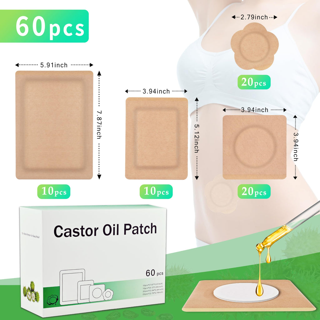 60 Pcs Castor Oil Pack Wrap & Patches 4 Sizes Disposable Self-Adhesive Organic Cotton Pads for Belly Button, Stomach, Joints, Un