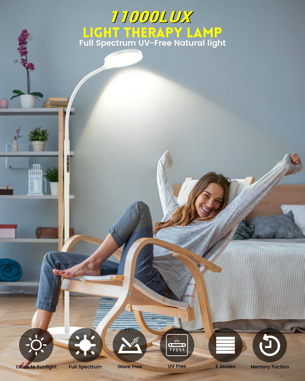 Light Therapy Lamp 11000 Lux, Full Spectrum LED UV-Free Sunlight Lamp with 10 Adjustable Brightness & 5 Color Temperatures, 3 in