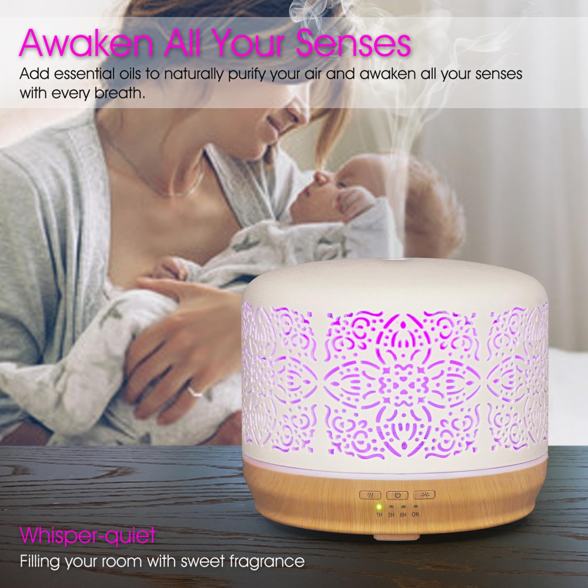 Earnest Living Essential Oil Diffuser White Ceramic Diffuser 500 ml Timers Night Lights and Auto Off Function Home Office Humidi