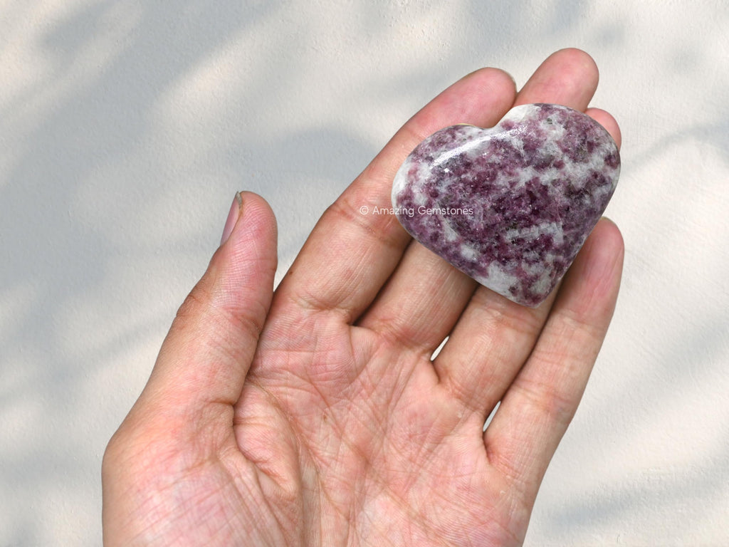 Lepidolite Crystal Heart Palm Stone - Pocket Massage Worry Stone for Natural Body Chakra Balancing, Reiki Healing and Crystal Gr