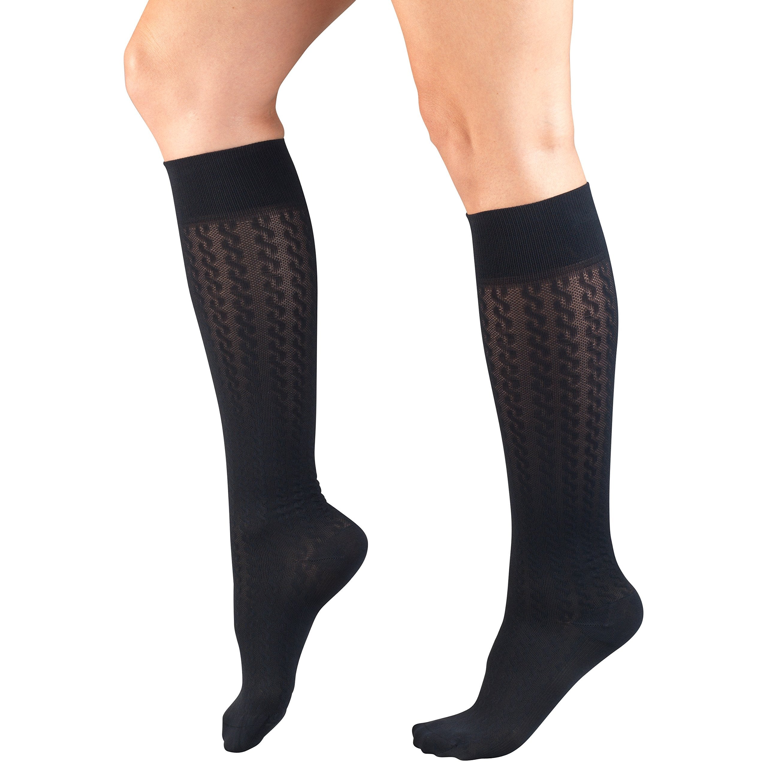 Truform Compression Socks, 15-20 mmHg, Women's Dress Socks, Knee High Over Calf Length, Navy Cable Knit, Small
