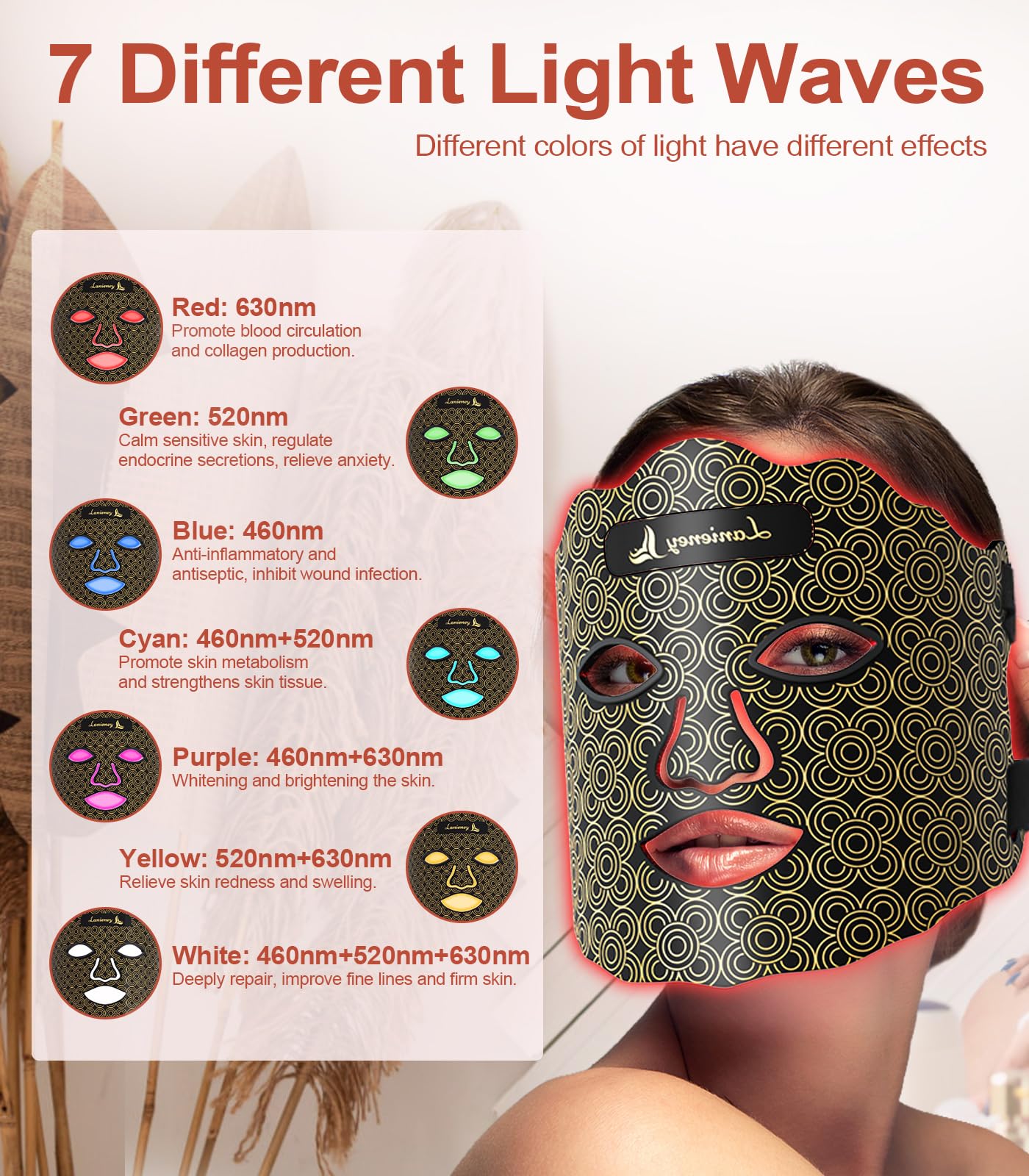 Red Light Therapy for Face, 7 Colors Red Light Therapy Mask with Near-Infrared 850nm, Timing Function, Rechargeable LED Face Mas