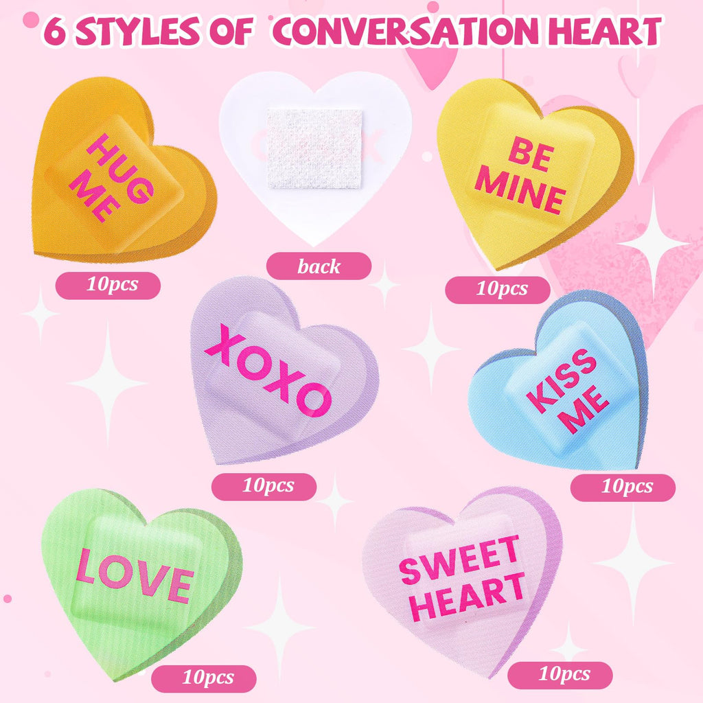 60 Pcs Valentine Conversation Heart Bandage Back to School Pencil Crayon Cute Bandage Candy Heart Valentine Gift for Kid Him Her