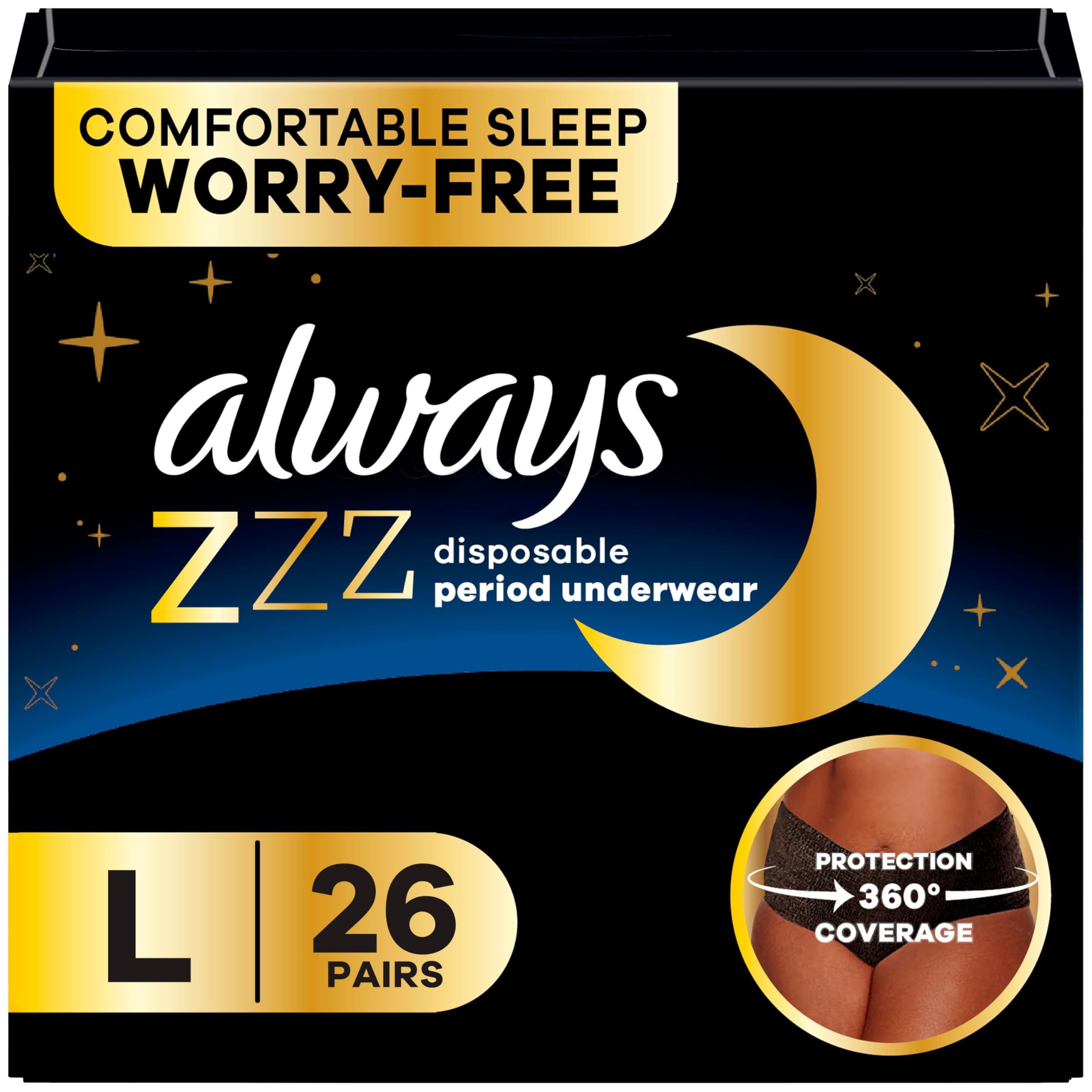 Always ZZZs Disposable Period Underwear, Size L, Absorbs 5X More Than an Ultra Thin Overnight Pad, Comfortable Sleep Worry-Free 