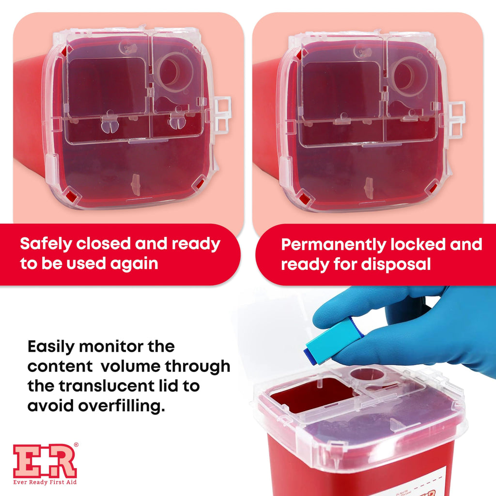 Ever Ready First Aid Sharps container with Split Lid Design and Locking Mechanism for Sharp Waste Disposal, 1 Quart