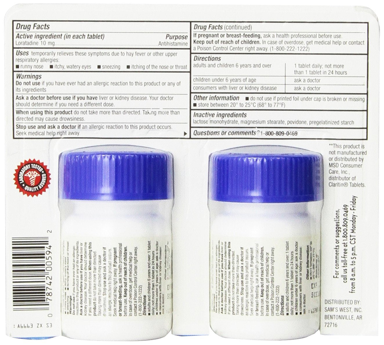 Members Mark 10 mg Loratadine Indoor & Outdoor 24 Hour Allergy Relief Non-drowsy Tablets 200 ct., 2 pk. (400 Tablets Total)