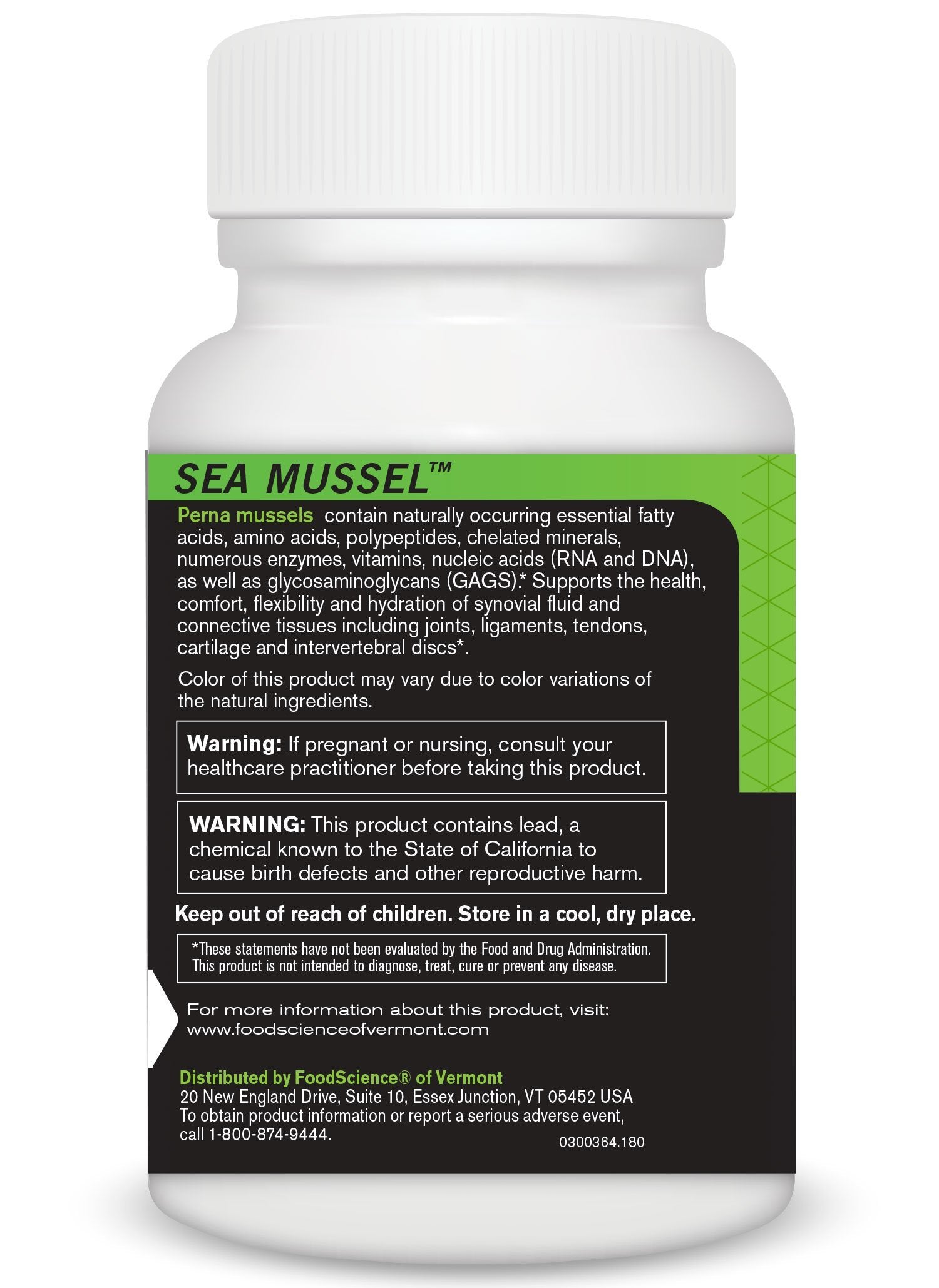 FoodScience of Vermont Sea Mussel, Green-Lipped Mussel Joint Supplement Capsules, 180 Count