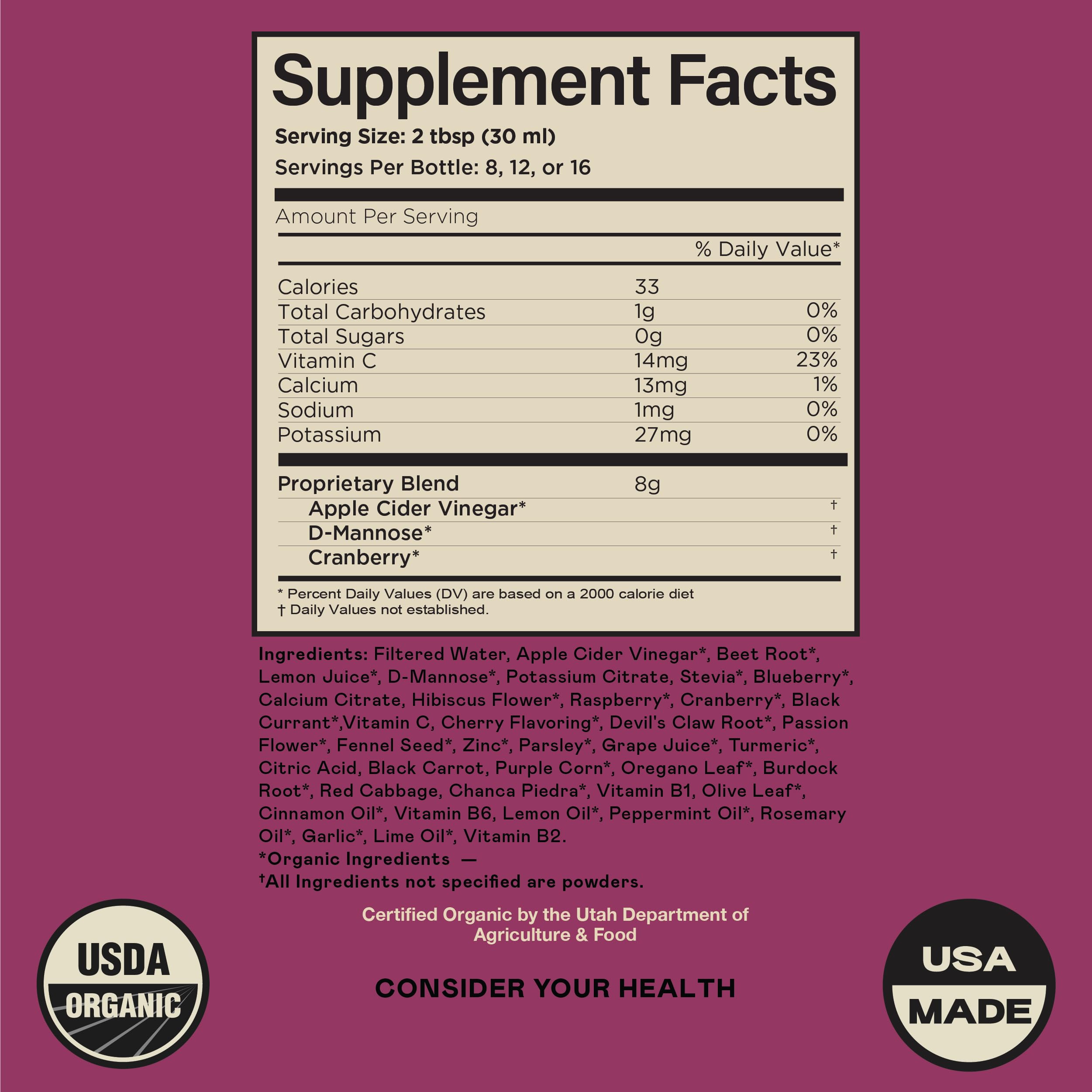 Complete Natural Urinary Tract Complete 8oz - Liquid Supplement for Urinary Tract Health with Organic Cranberry, D-Mannose, Beet