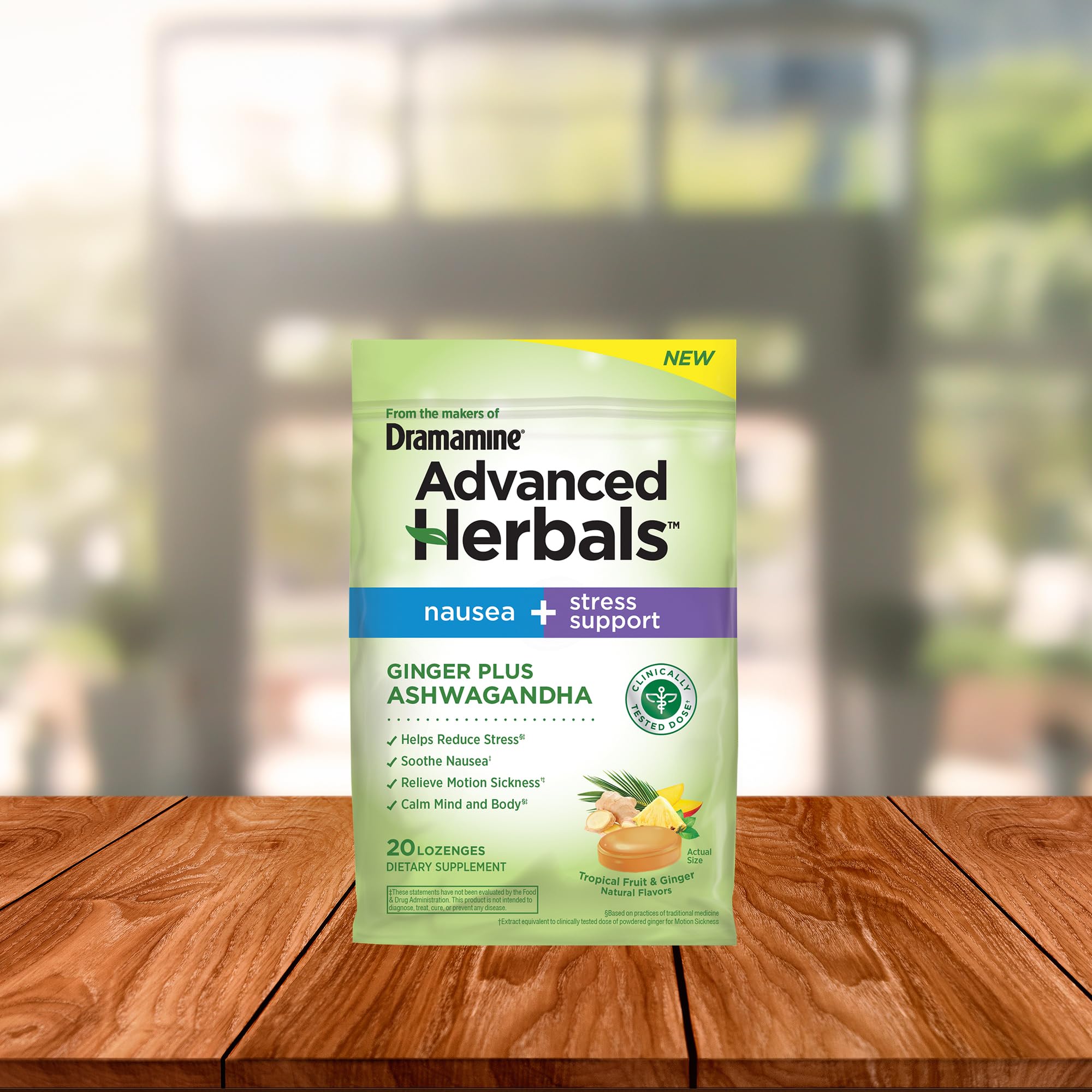 From the Makers of Dramamine, Advanced Herbals, Nausea and Stress Support with Ginger and Ashwagandha, Tropical Fruit and Ginger