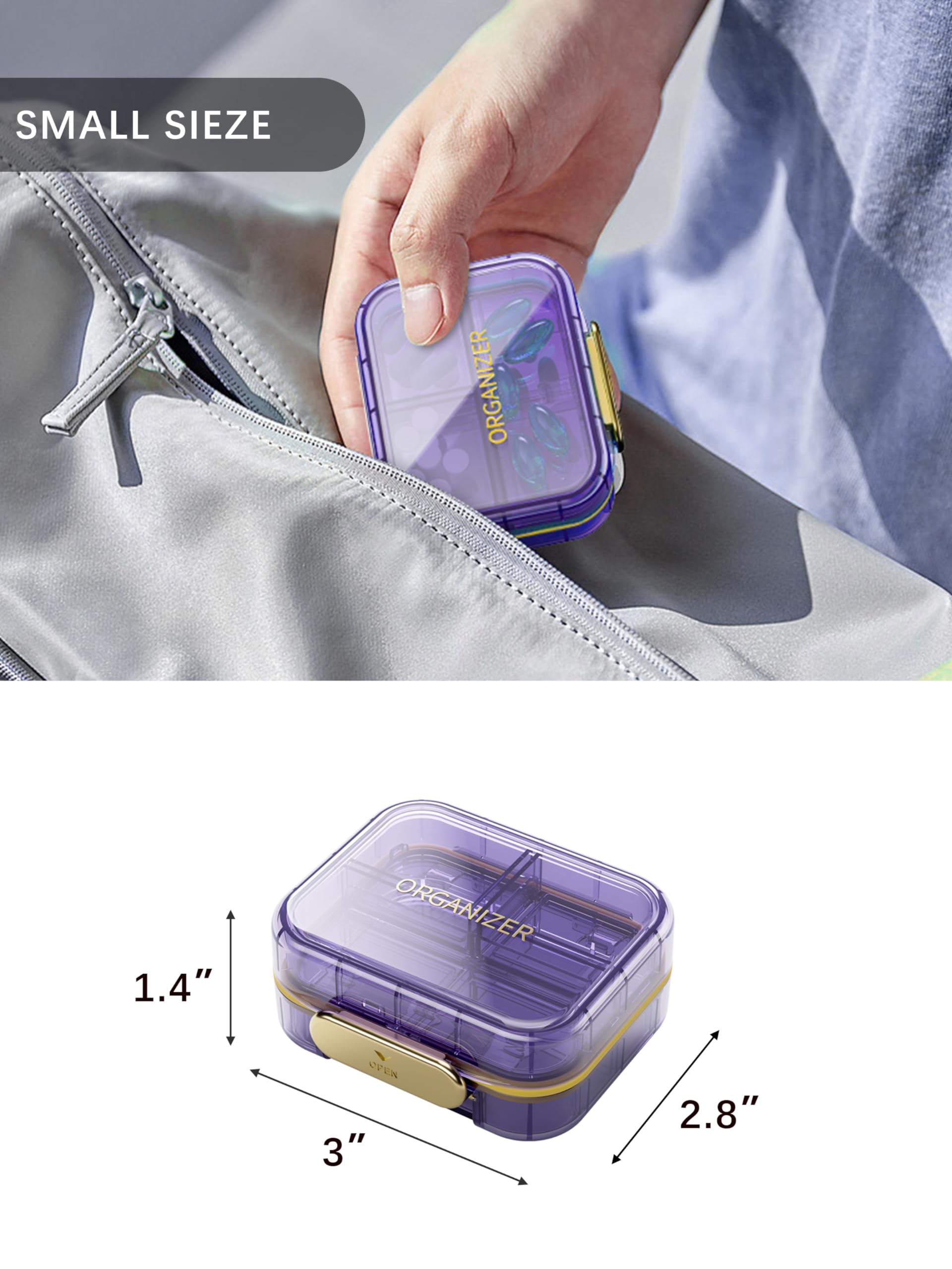 Travel Pill Organizer, 7 Compartments Pill Box, Daily Portable Pill Case to Hold Vitamins, 1 Pack Small Pill Container for Pocke