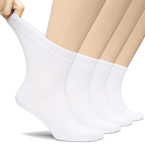 Hugh Ugoli Men's Loose Diabetic Ankle Socks Bamboo, Wide, Thin, Seamless Toe and Non-Binding Top, 4 Pairs, White, Shoe Size: 8-1