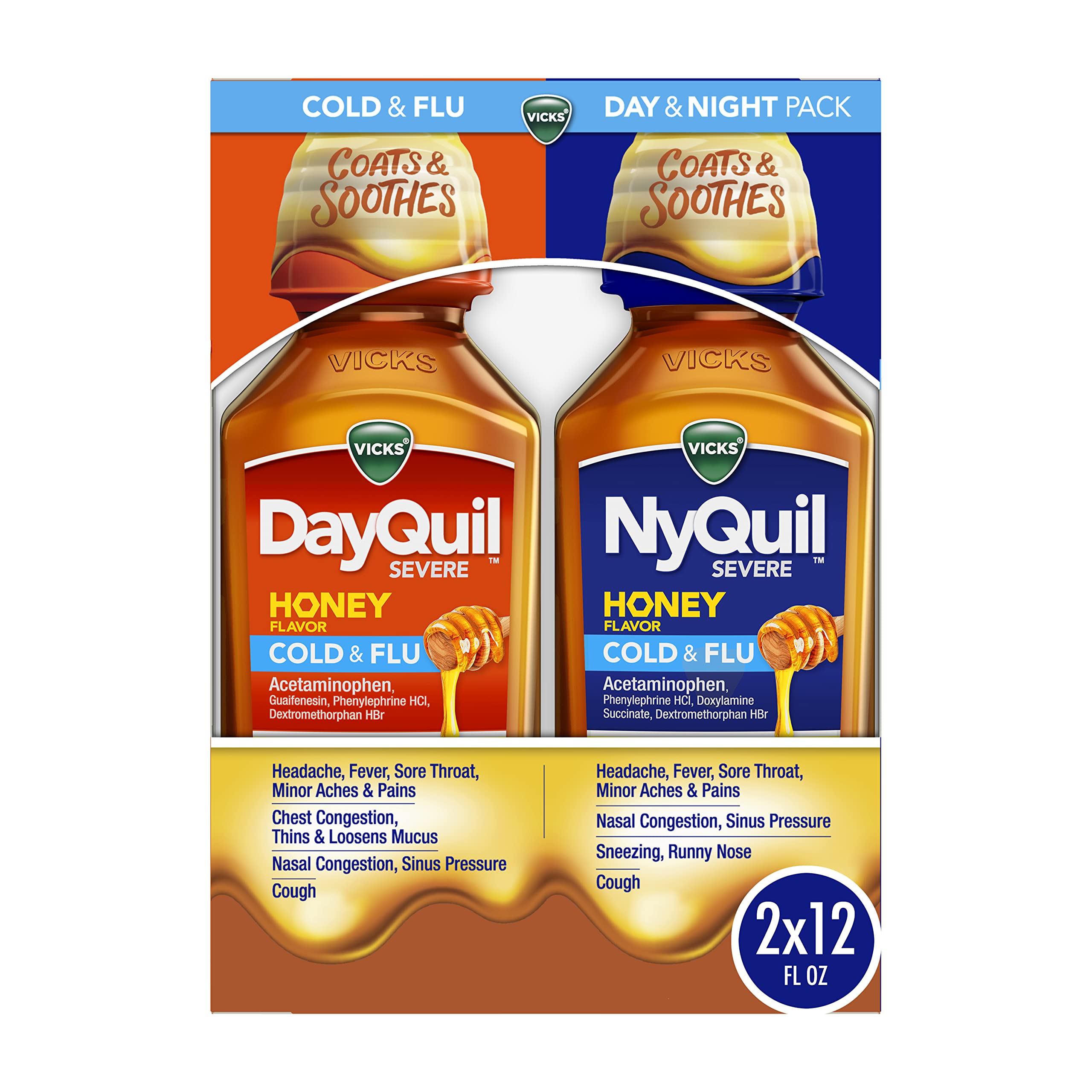 VICKS DayQuil & NyQuil SEVERE Honey Flavor Co-Pack, Cold & Flu Medicine, RelievesHeadache, Fever, Sore Throat, Minor Aches & Pai
