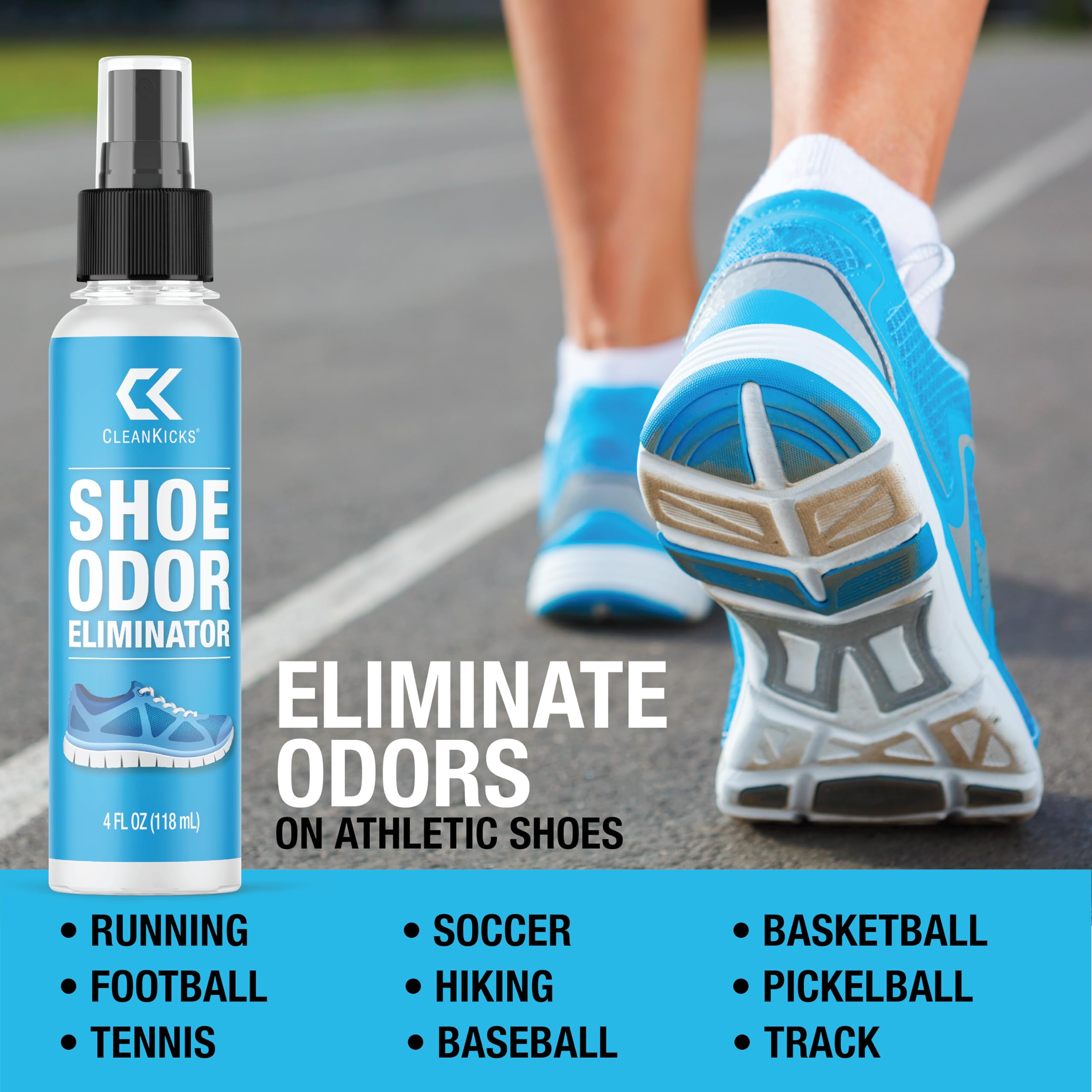CleanKicks Odor Eliminator Spray, Deodorizes & Removes Bad Smells, Boots, Cleats, Sneakers, Easy to Store, 4oz Bottle