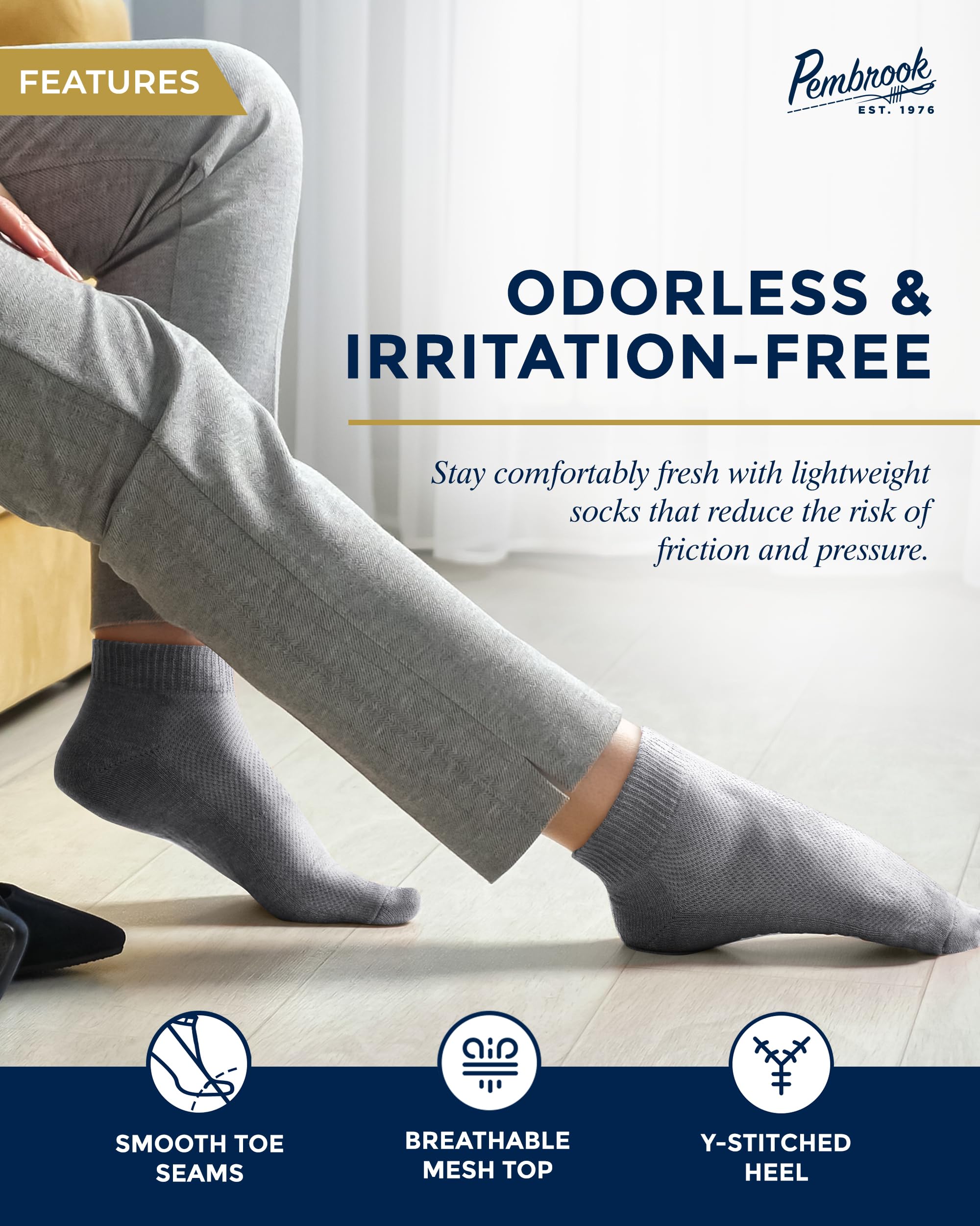 Pembrook Gray Ankle Diabetic Socks for Men & Women - 6 Pairs | Low Cut Stretch Top Mens Diabetic Socks | Ankle Moisture Wicking