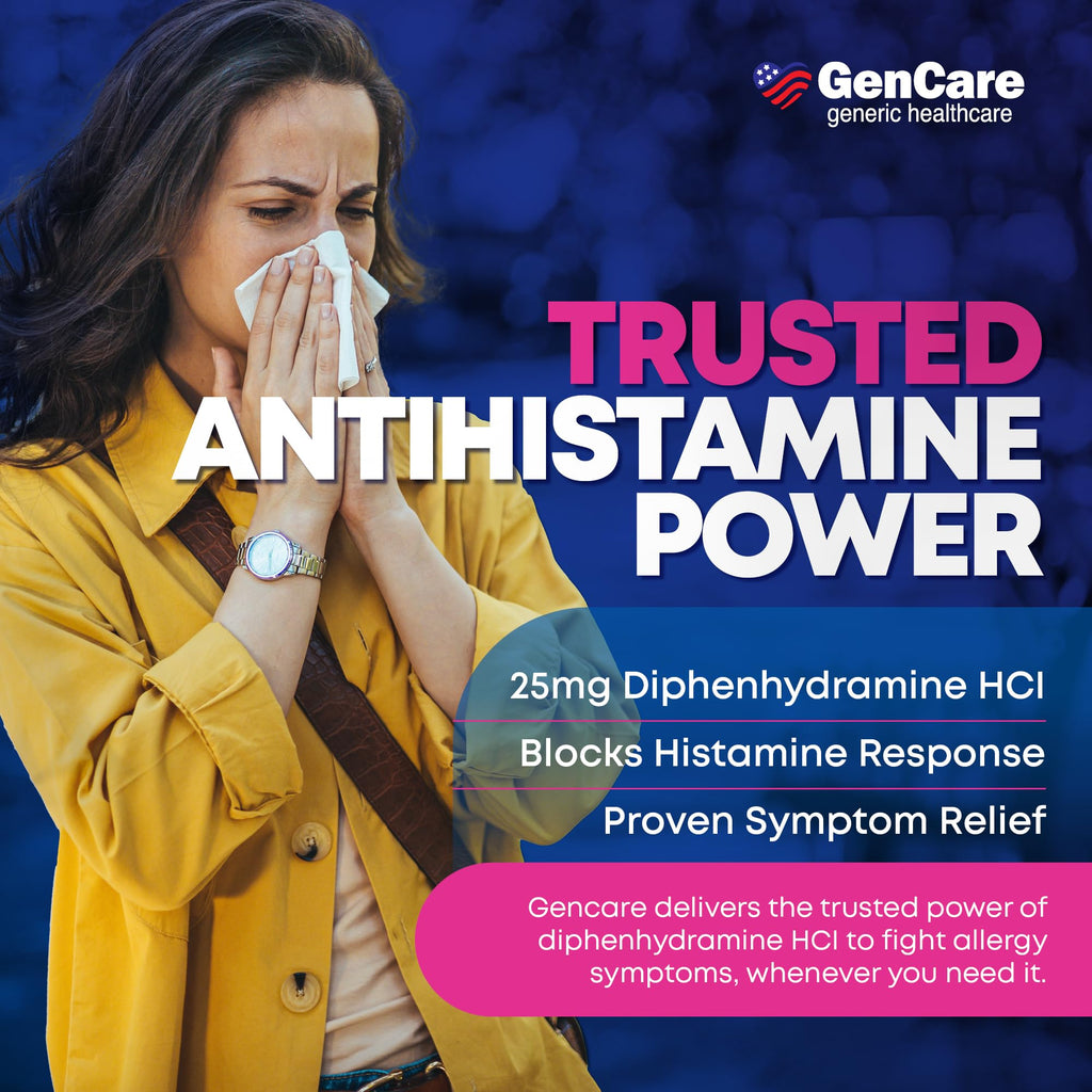 GenCare - Antihistamine Diphenhydramine HCl 25mg (1000 Tablets Per Bottle) - Compare to Generic Benadryl - Bulk Savings | Relief