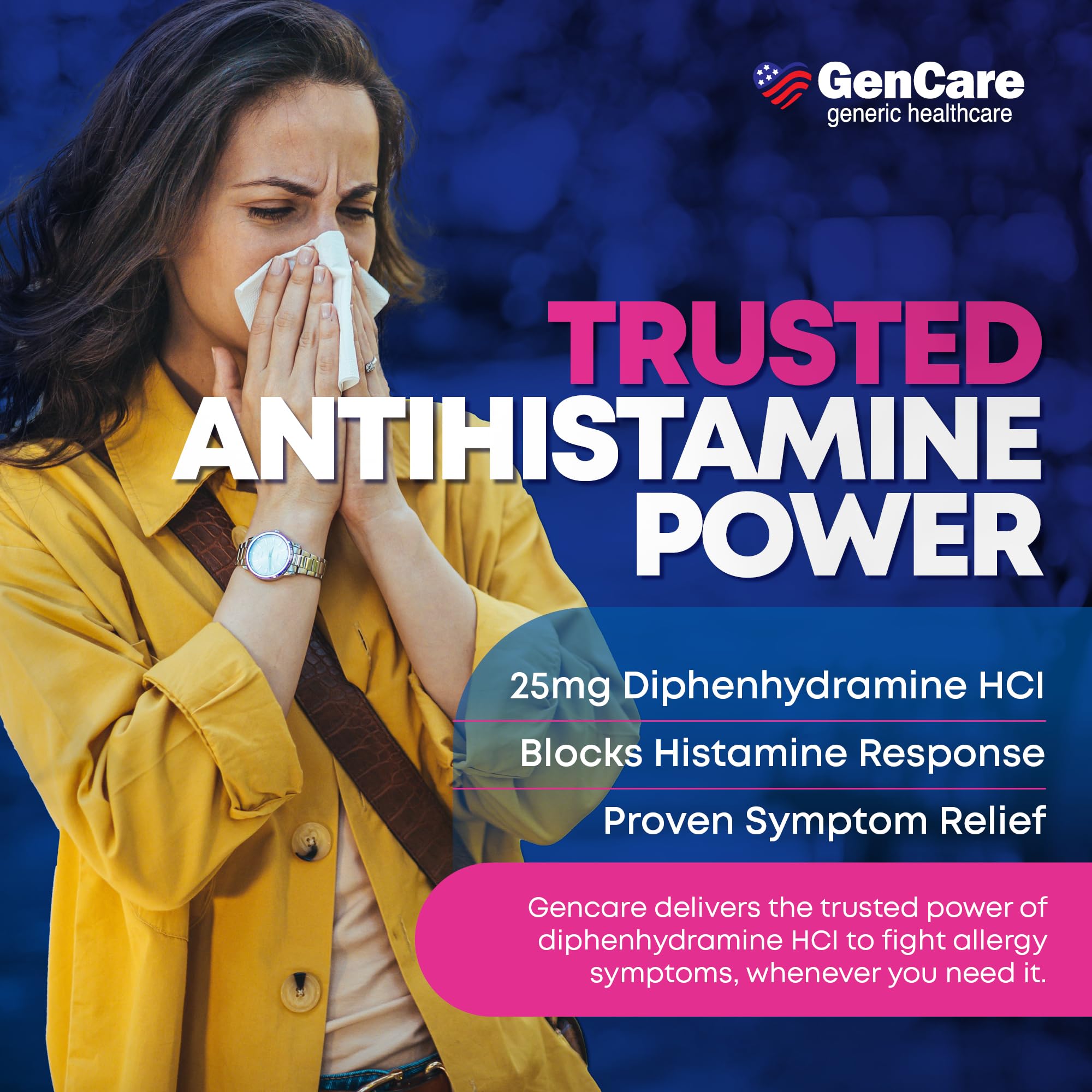 GenCare - Antihistamine Diphenhydramine HCl 25mg (1000 Tablets Per Bottle) - Compare to Generic Benadryl - Bulk Savings | Relief