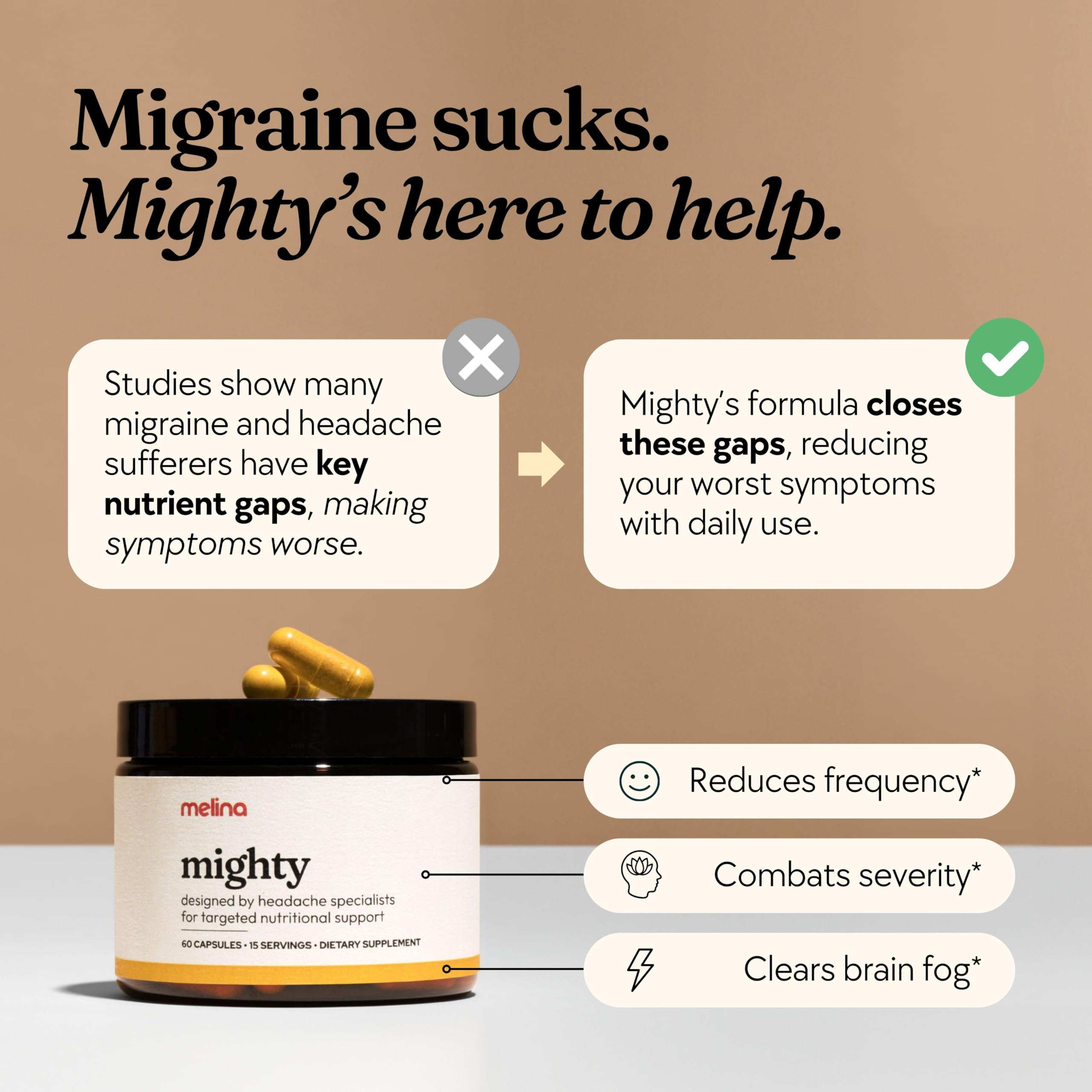 Melina Mighty Natural Migraine Relief Supplement - Magnesium, B2 Riboflavin 400mg, Feverfew, CoQ-10, ALCAR to Strengthen Migrain