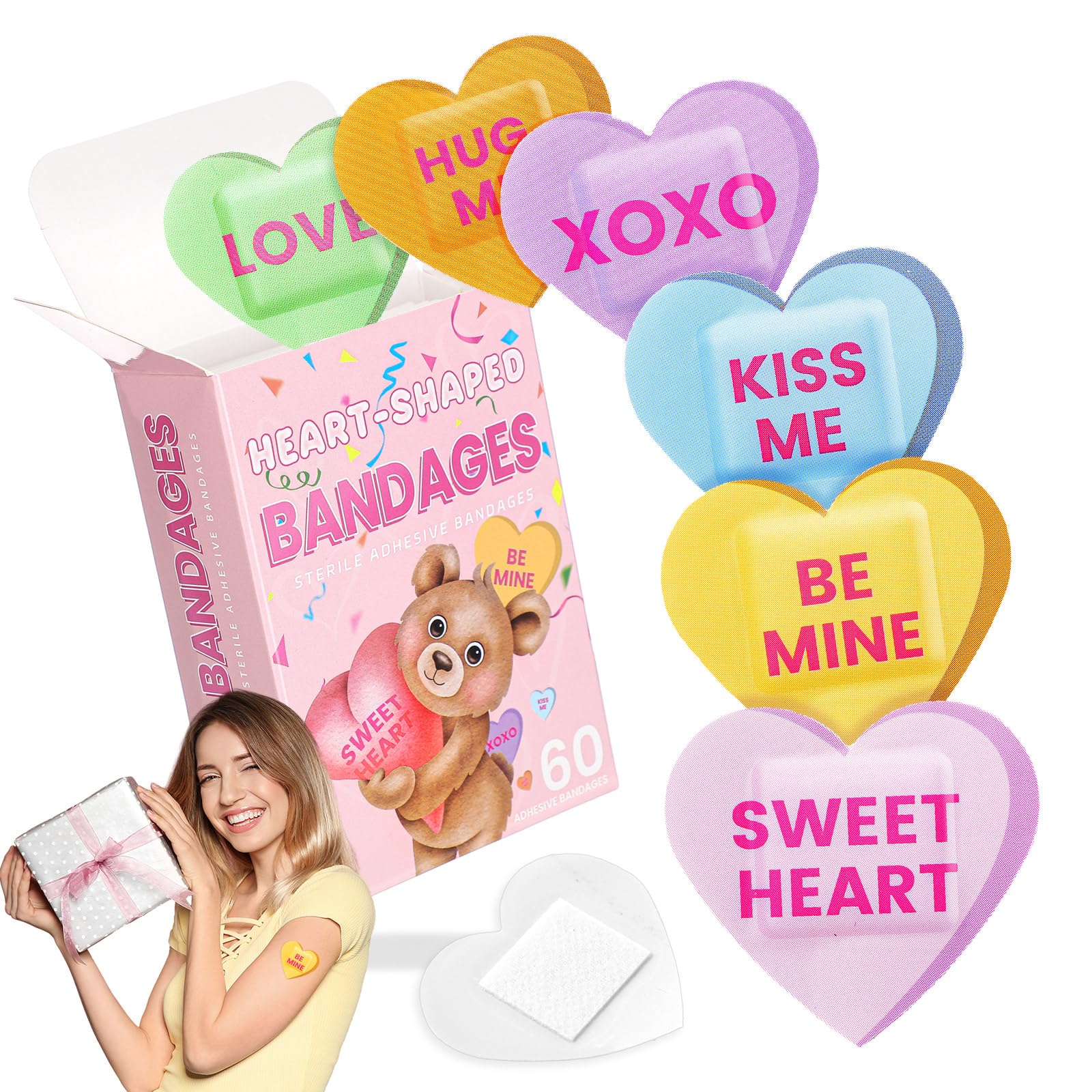 60 Pcs Valentine Conversation Heart Bandage Back to School Pencil Crayon Cute Bandage Candy Heart Valentine Gift for Kid Him Her