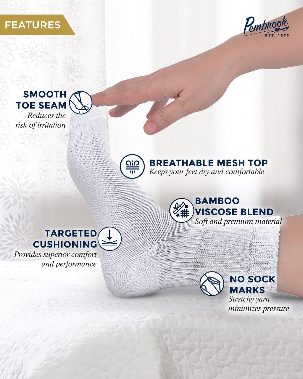 Pembrook Bamboo Viscose Diabetic Socks - 6 Pairs Ankle Socks for Women & Men, Swollen Feet & Neuropathy | Non-Binding