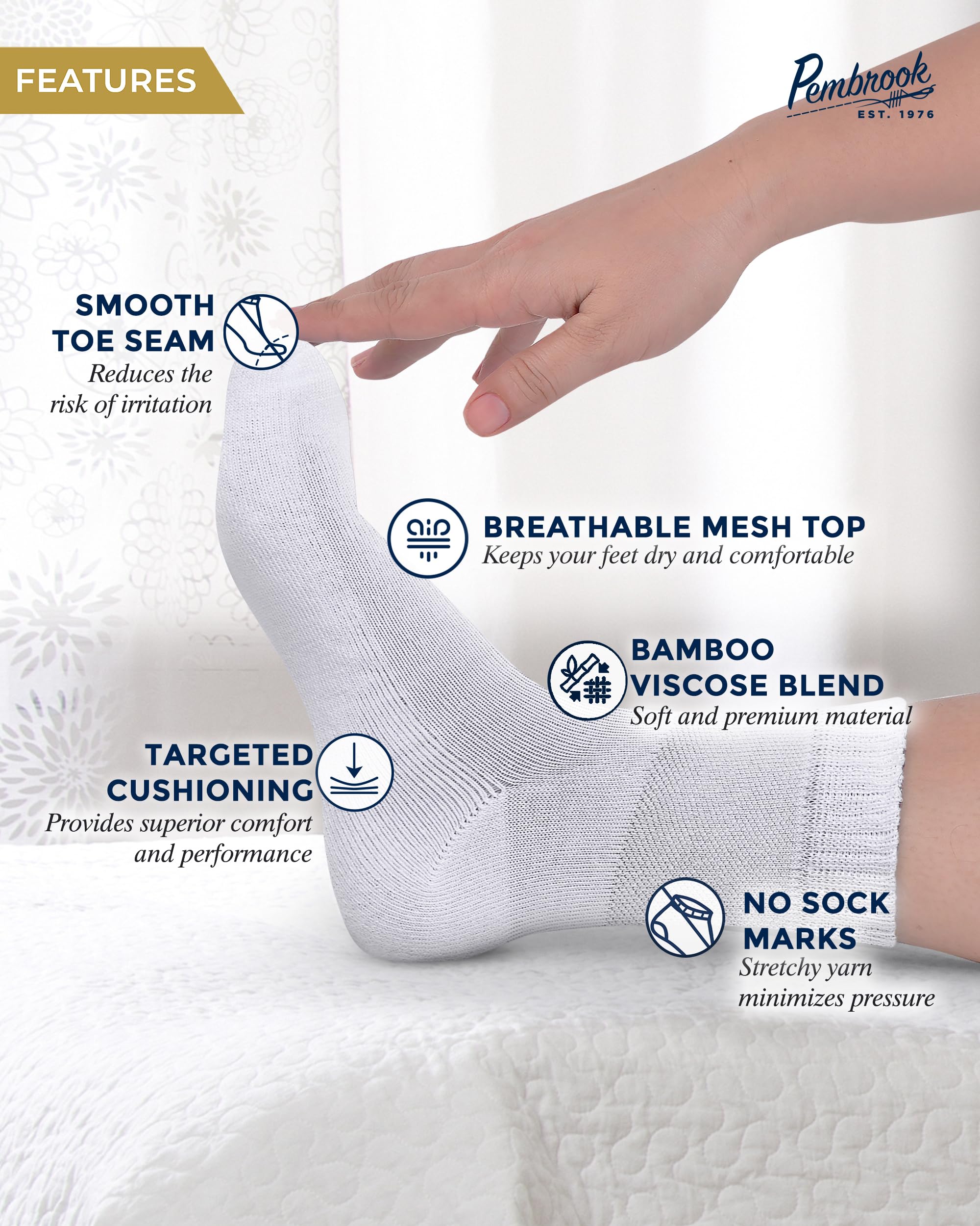 Pembrook Bamboo Viscose Diabetic Socks - 6 Pairs Ankle Socks for Women & Men, Swollen Feet & Neuropathy | Non-Binding