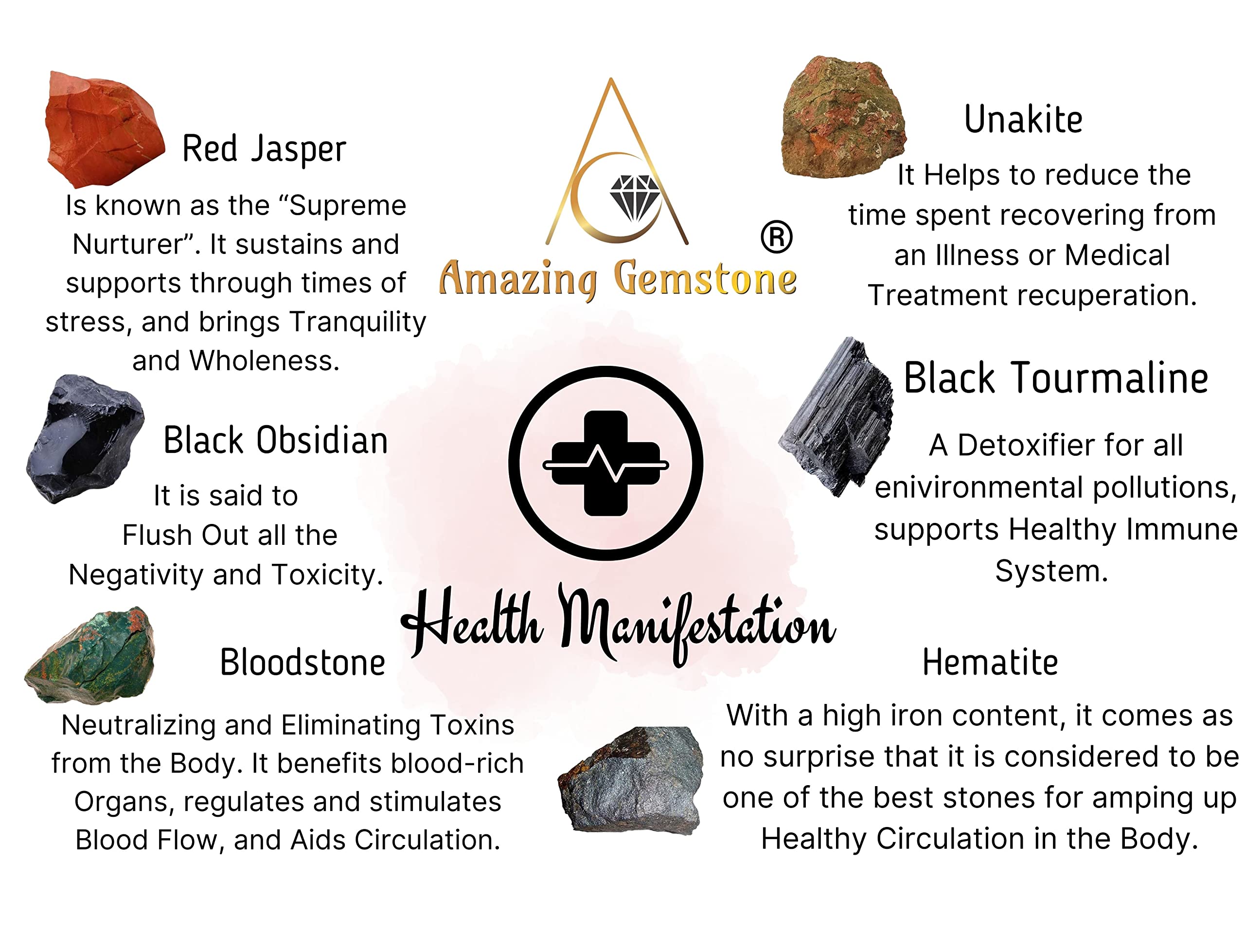 Crystals for Health Manifestation, Set of 6 Red Jasper, Black Obsidian, Black Tourmaline, Bloodstone, Hematite and Unakite Heali