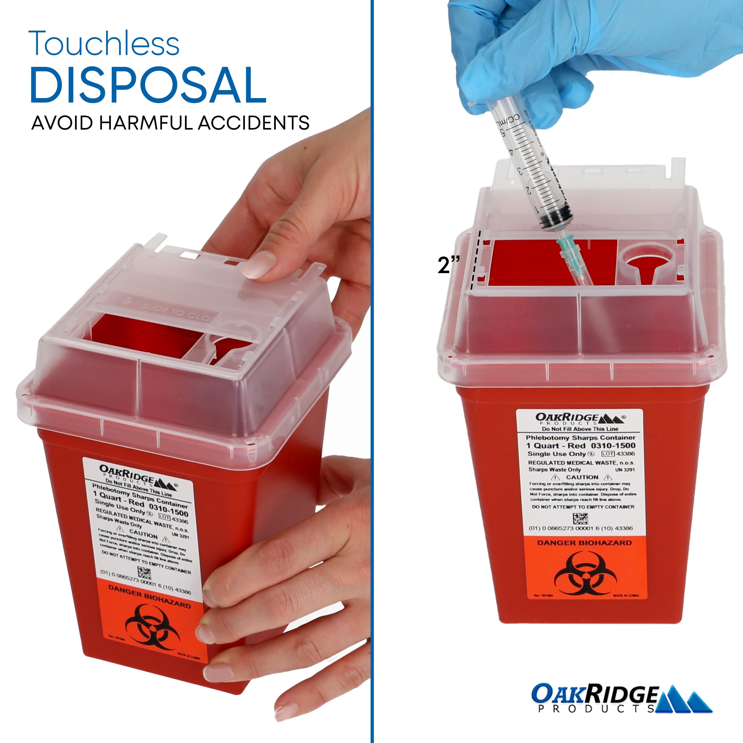 Oakridge Products Sharps Container for Home Use and Professional 1 Quart, Biohazard Needle and Syringe Disposal, Small Portable