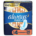 Always Maxi Feminine Pads For Women, Size 4 Overnight Absorbency, With Wings, Unscented, 26 Count