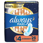 Always Maxi Feminine Pads For Women, Size 4 Overnight Absorbency, With Wings, Unscented, 26 Count