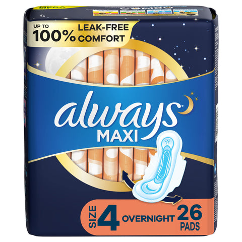 Always Maxi Feminine Pads For Women, Size 4 Overnight Absorbency, With Wings, Unscented, 26 Count