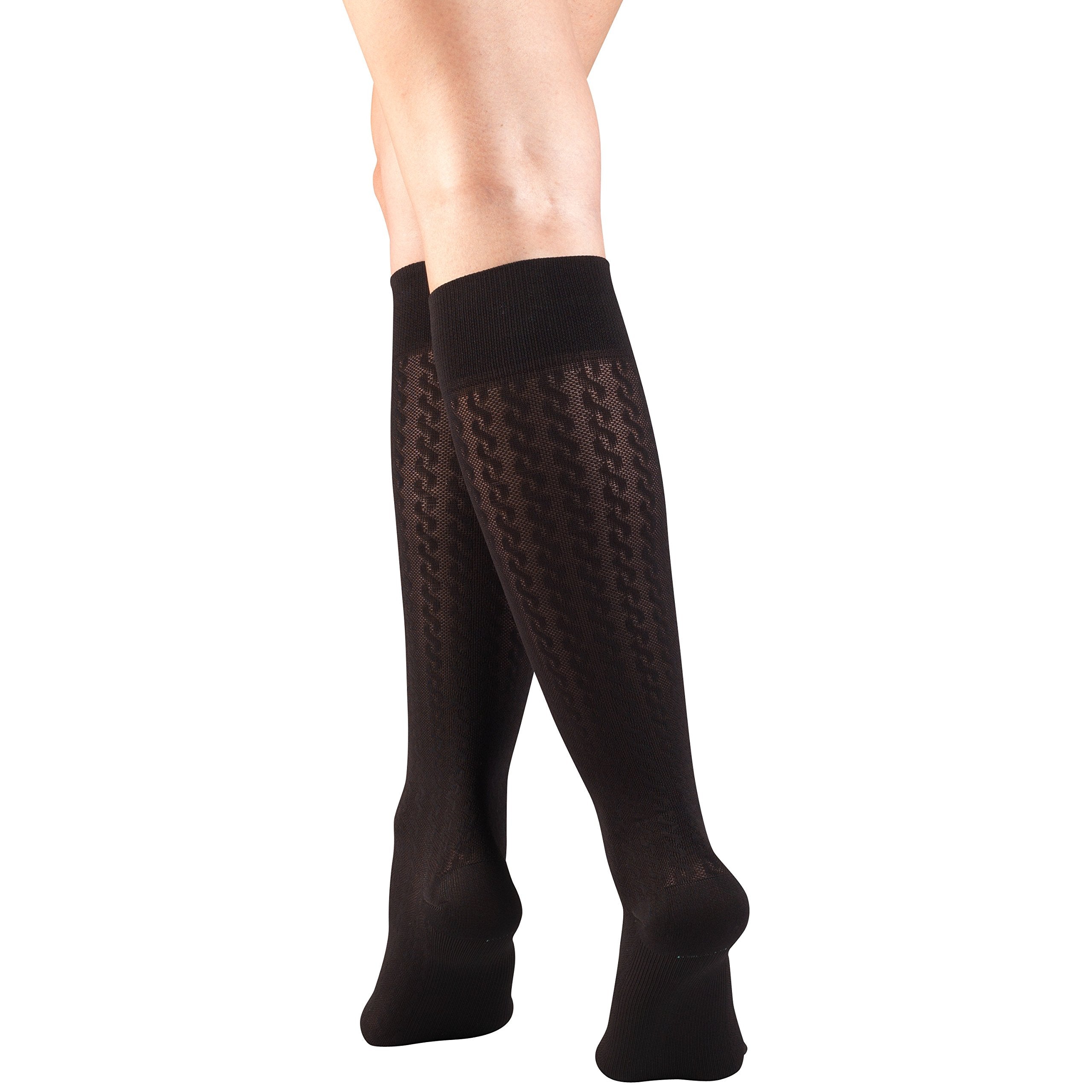 Truform Compression Socks, 15-20 mmHg, Women's Dress Socks, Knee High Over Calf Length, Black Cable Knit, Large