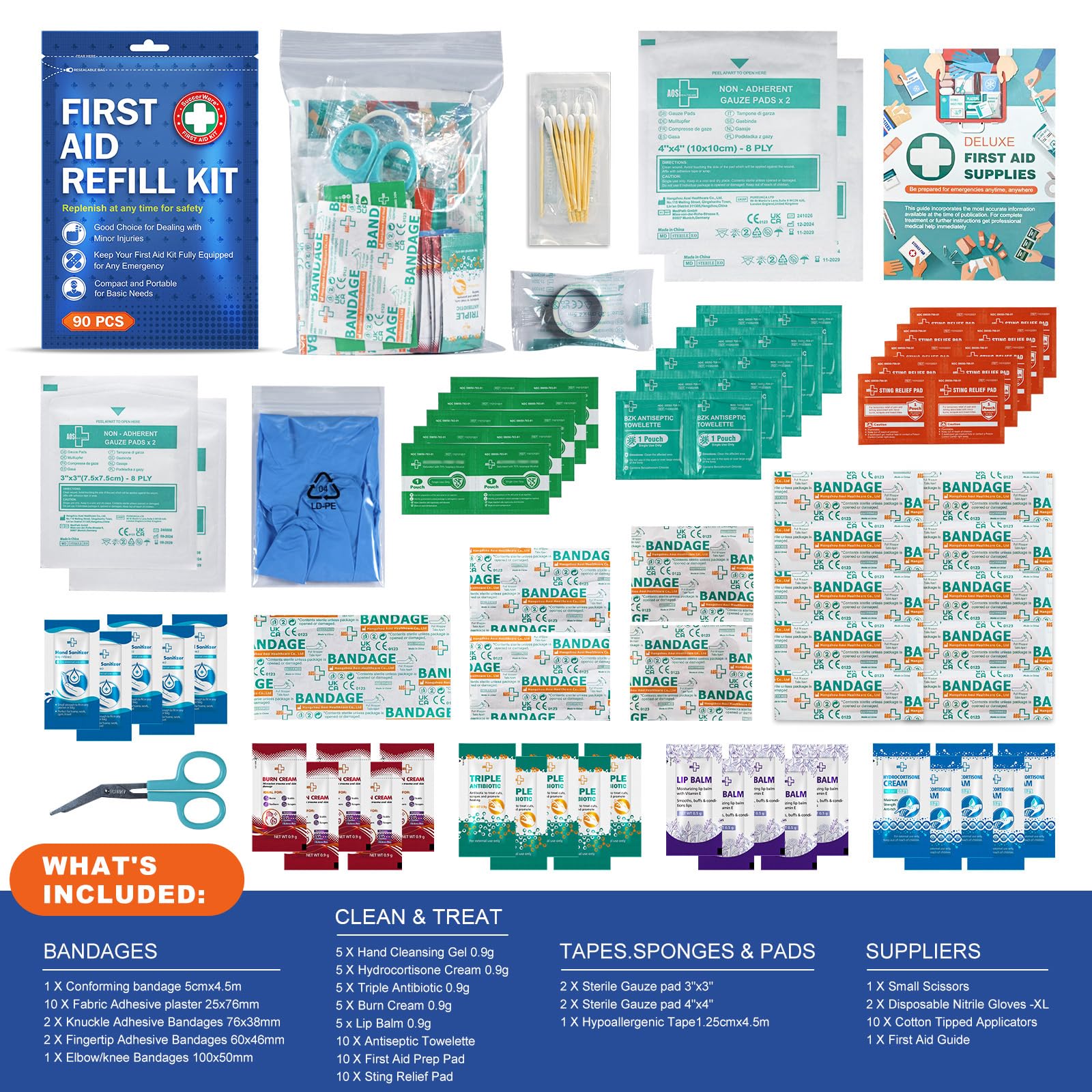 SuccorWare 90 Pieces First Aid Refill Kit - Wound Care Kit Includes Bandages for Home, Travel, Hiking - Portable Replacement Kit