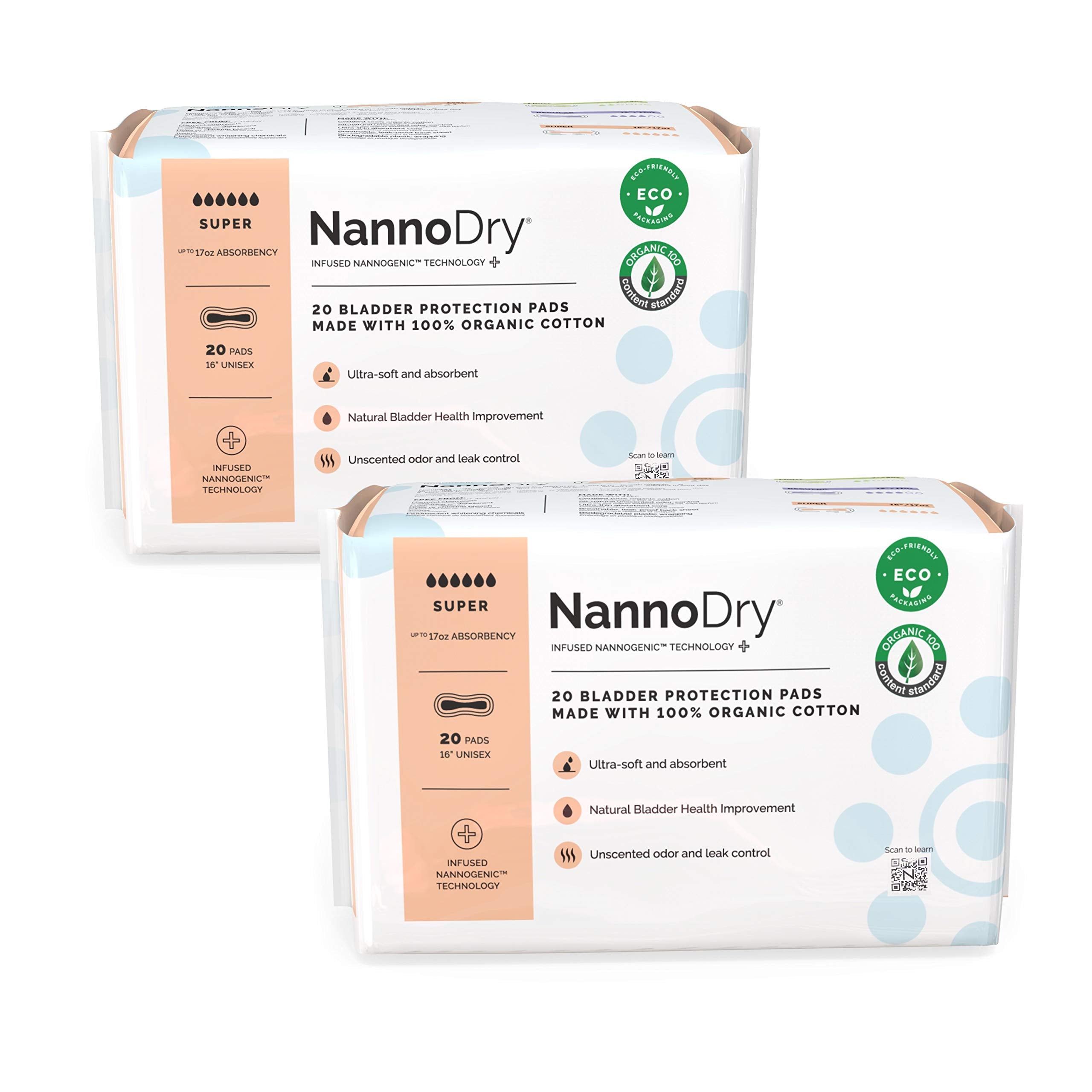 NannoDry Natural Incontinence Pads - Organic Cotton Bladder Leakage Pads - Cotton Pads for Incontinent Adults - Nannocare Super 