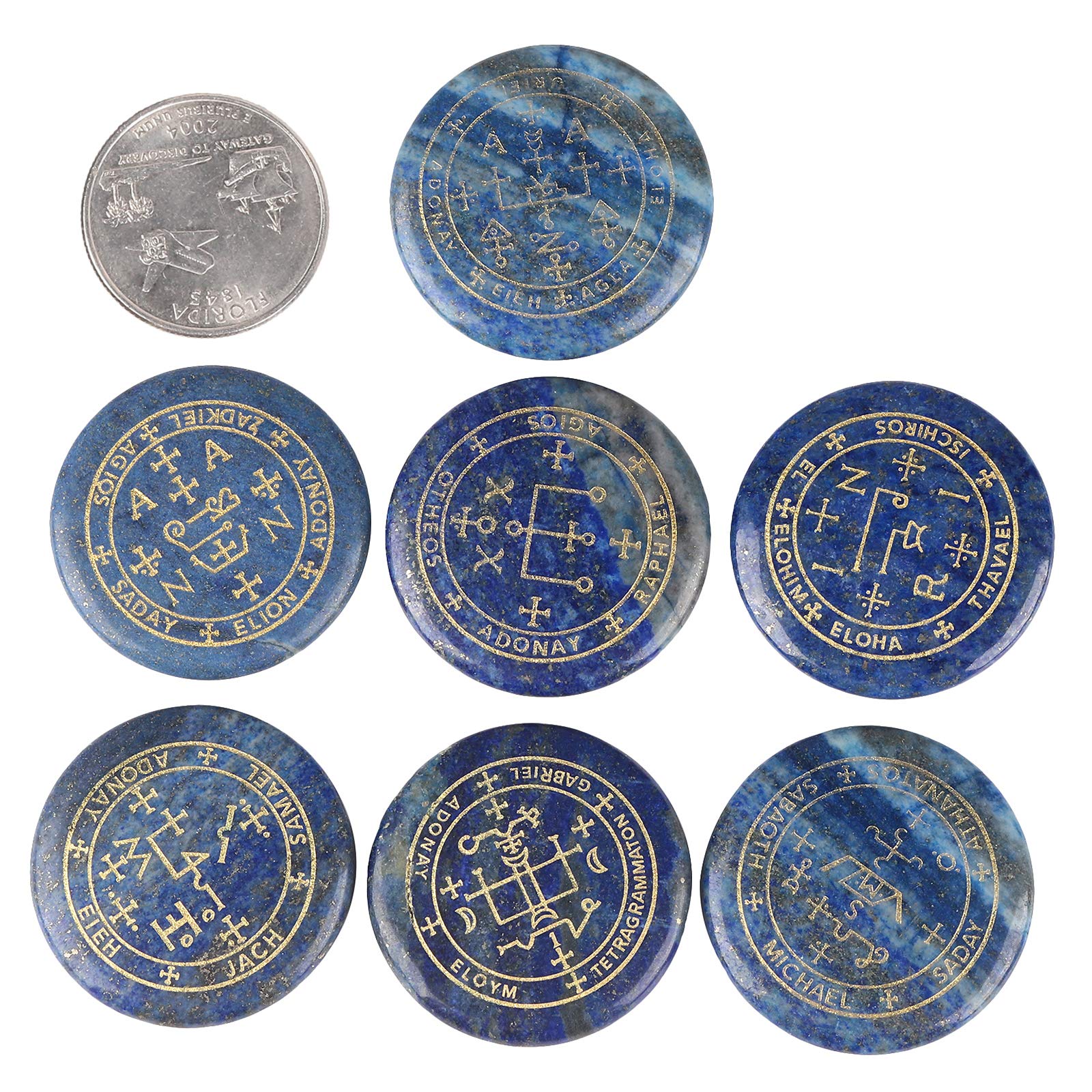 mookaitedecor 7 Piece Lapis Lazuli Stones with Engraved Magic Archangel Symbol Polished Palm Stone for Reiki Crystal Healing