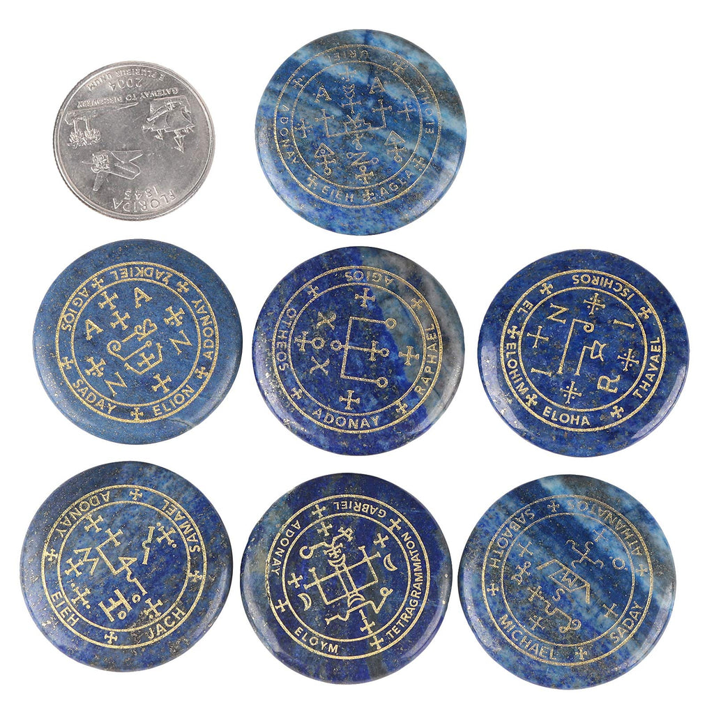 mookaitedecor 7 Piece Lapis Lazuli Stones with Engraved Magic Archangel Symbol Polished Palm Stone for Reiki Crystal Healing