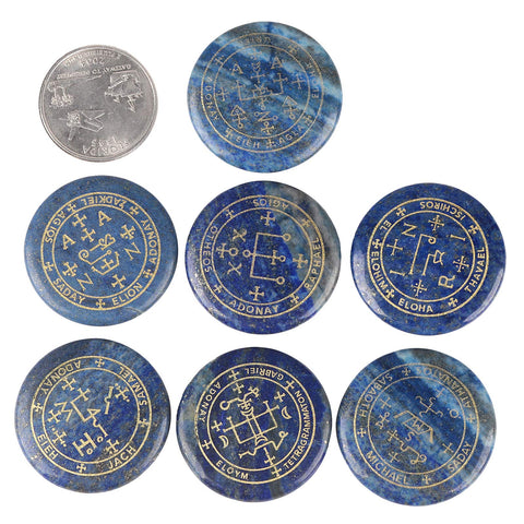 mookaitedecor 7 Piece Lapis Lazuli Stones with Engraved Magic Archangel Symbol Polished Palm Stone for Reiki Crystal Healing