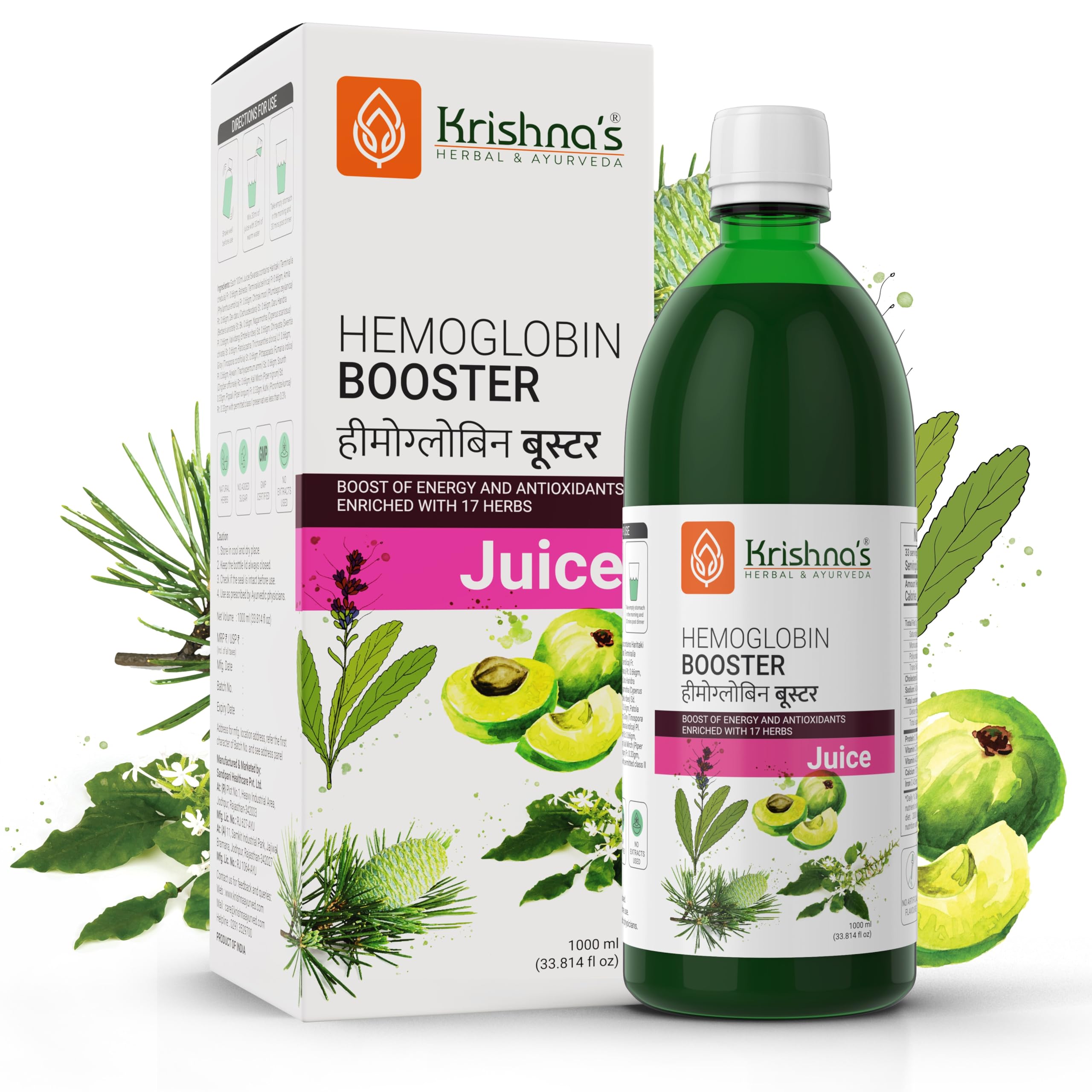 KrishnaS Herbal & Ayurveda Hemoglobin Booster Juice1000 Ml|Helps To Improve Your Haemoglobin Count|Goodness Dev Daru, Kutki, A