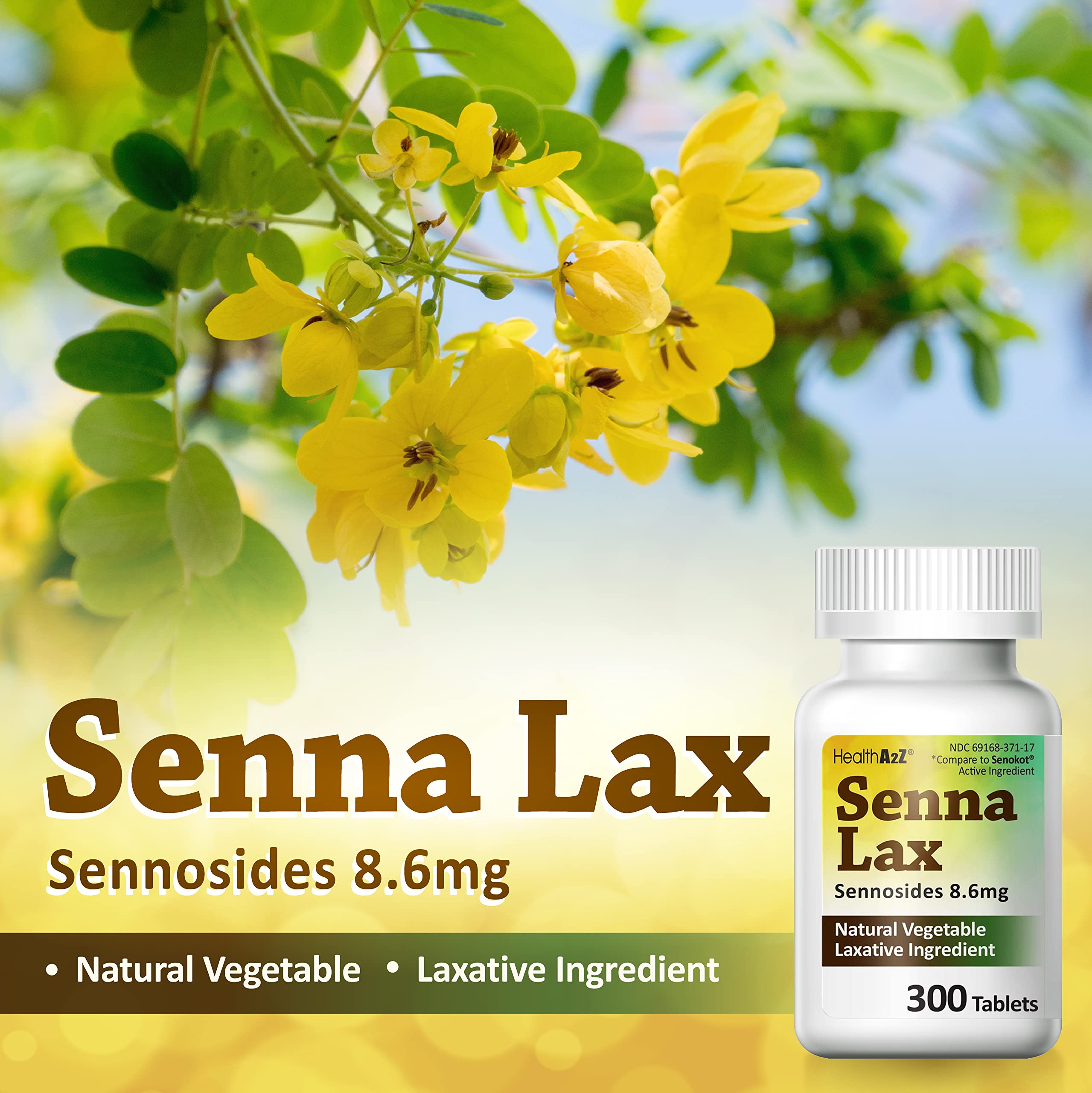 HealthA2Z Senna Laxative | 300 Count | Sennosides 8.6mg | Natural Vegetable | Laxative Ingredients | Overnight Relief | Bowel Mo