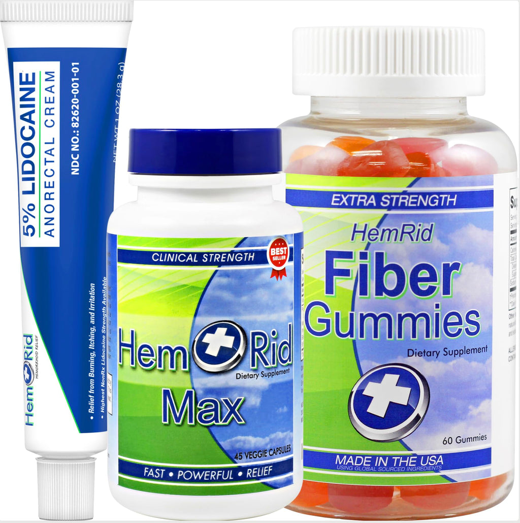 HemRid Complete Hemorrhoid Support System - Max Formula, Lidocaine Cream & Fiber Gummies for Immediate Relief & Long-Term Comfor